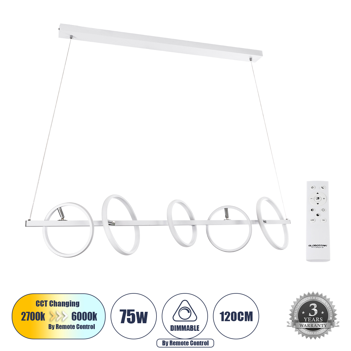 61320 GloboStar® CIRCOLARE 61320 Κρεμαστό Φωτιστικό Οροφής Design LED CCT 75W 8400lm 360° AC 220-240V – Εναλλαγή Φωτισμού μέσω Τηλεχειριστηρίου All In One Ψυχρό 6000k+Φυσικό 4500k+Θερμό 2700k Dimmable Μ120 x Π25 x Υ25cm – Λευκό – 3 Χρόνια Εγγύηση 61320 GloboStar® CIRCOLARE 61320 Κρεμαστό Φωτιστικό Οροφής Design LED CCT 75W 8400lm 360° AC 220-240V – Εναλλαγή Φωτισμού μέσω Τηλεχειριστηρίου All In One Ψυχρό 6000k+Φυσικό 4500k+Θερμό 2700k Dimmable Μ120 x Π25 x Υ25cm – Λευκό – 3 Χρόνια Εγγύηση