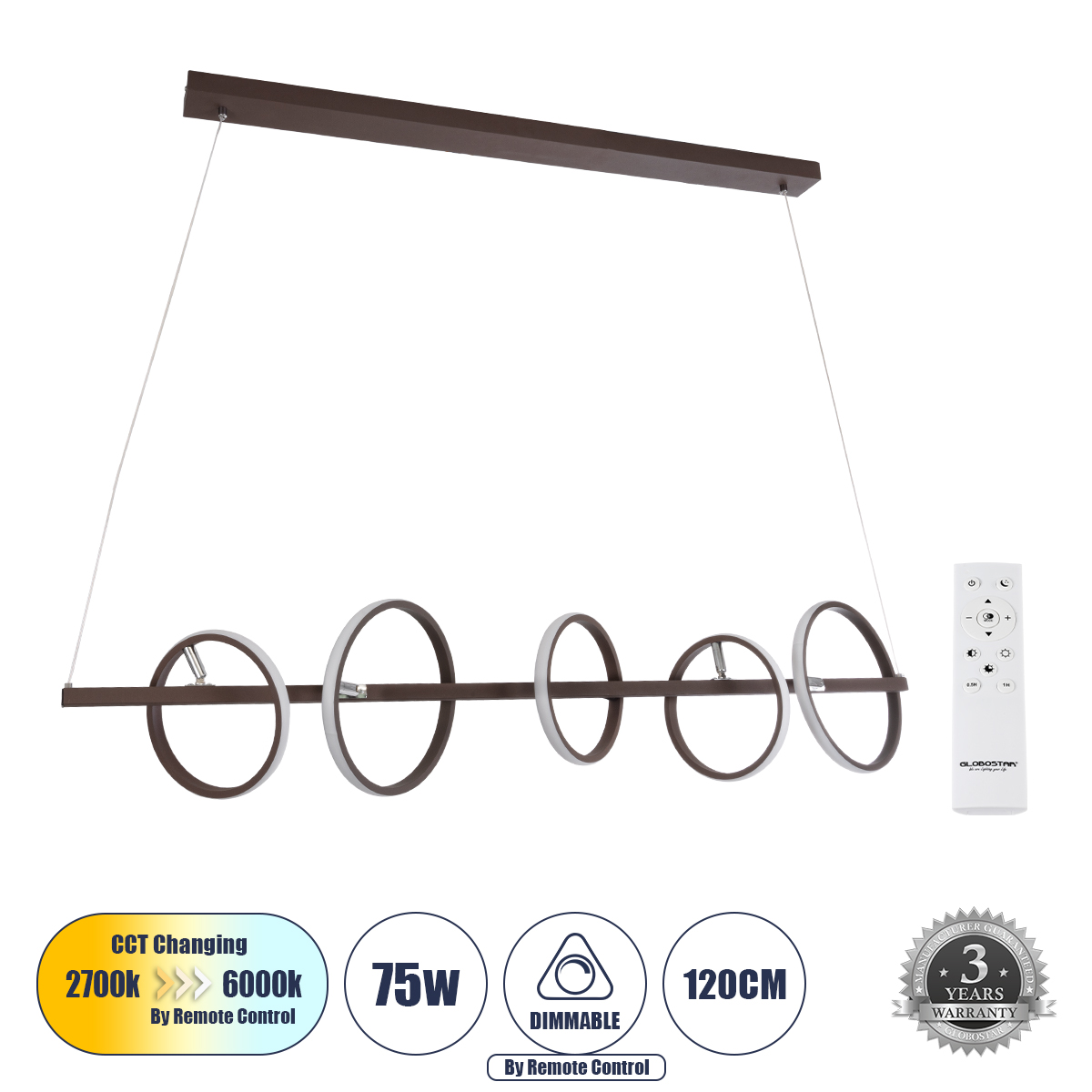61321 GloboStar® CIRCOLARE 61321 Κρεμαστό Φωτιστικό Οροφής Design LED CCT 75W 8400lm 360° AC 220-240V – Εναλλαγή Φωτισμού μέσω Τηλεχειριστηρίου All In One Ψυχρό 6000k+Φυσικό 4500k+Θερμό 2700k Dimmable Μ120 x Π25 x Υ25cm – Καφέ – 3 Χρόνια Εγγύηση 61321 GloboStar® CIRCOLARE 61321 Κρεμαστό Φωτιστικό Οροφής Design LED CCT 75W 8400lm 360° AC 220-240V – Εναλλαγή Φωτισμού μέσω Τηλεχειριστηρίου All In One Ψυχρό 6000k+Φυσικό 4500k+Θερμό 2700k Dimmable Μ120 x Π25 x Υ25cm – Καφέ – 3 Χρόνια Εγγύηση