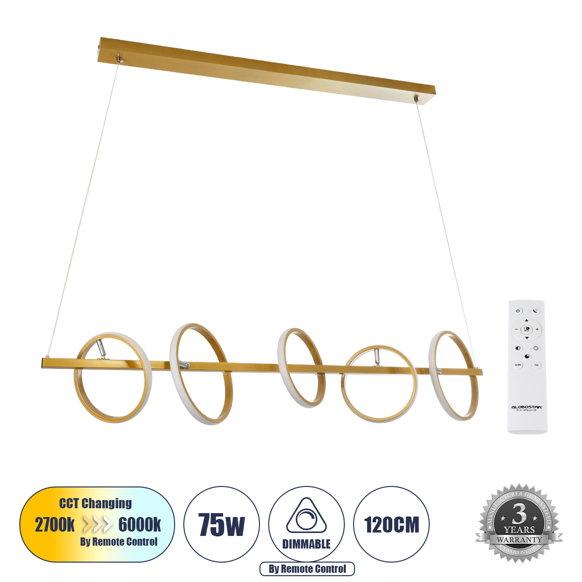 61322 GloboStar® CIRCOLARE 61322 Κρεμαστό Φωτιστικό Οροφής Design LED CCT 75W 8400lm 360° AC 220-240V – Εναλλαγή Φωτισμού μέσω Τηλεχειριστηρίου All In One Ψυχρό 6000k+Φυσικό 4500k+Θερμό 2700k Dimmable Μ120 x Π25 x Υ25cm – Χρυσό – 3 Χρόνια Εγγύηση 61322 GloboStar® CIRCOLARE 61322 Κρεμαστό Φωτιστικό Οροφής Design LED CCT 75W 8400lm 360° AC 220-240V – Εναλλαγή Φωτισμού μέσω Τηλεχειριστηρίου All In One Ψυχρό 6000k+Φυσικό 4500k+Θερμό 2700k Dimmable Μ120 x Π25 x Υ25cm – Χρυσό – 3 Χρόνια Εγγύηση