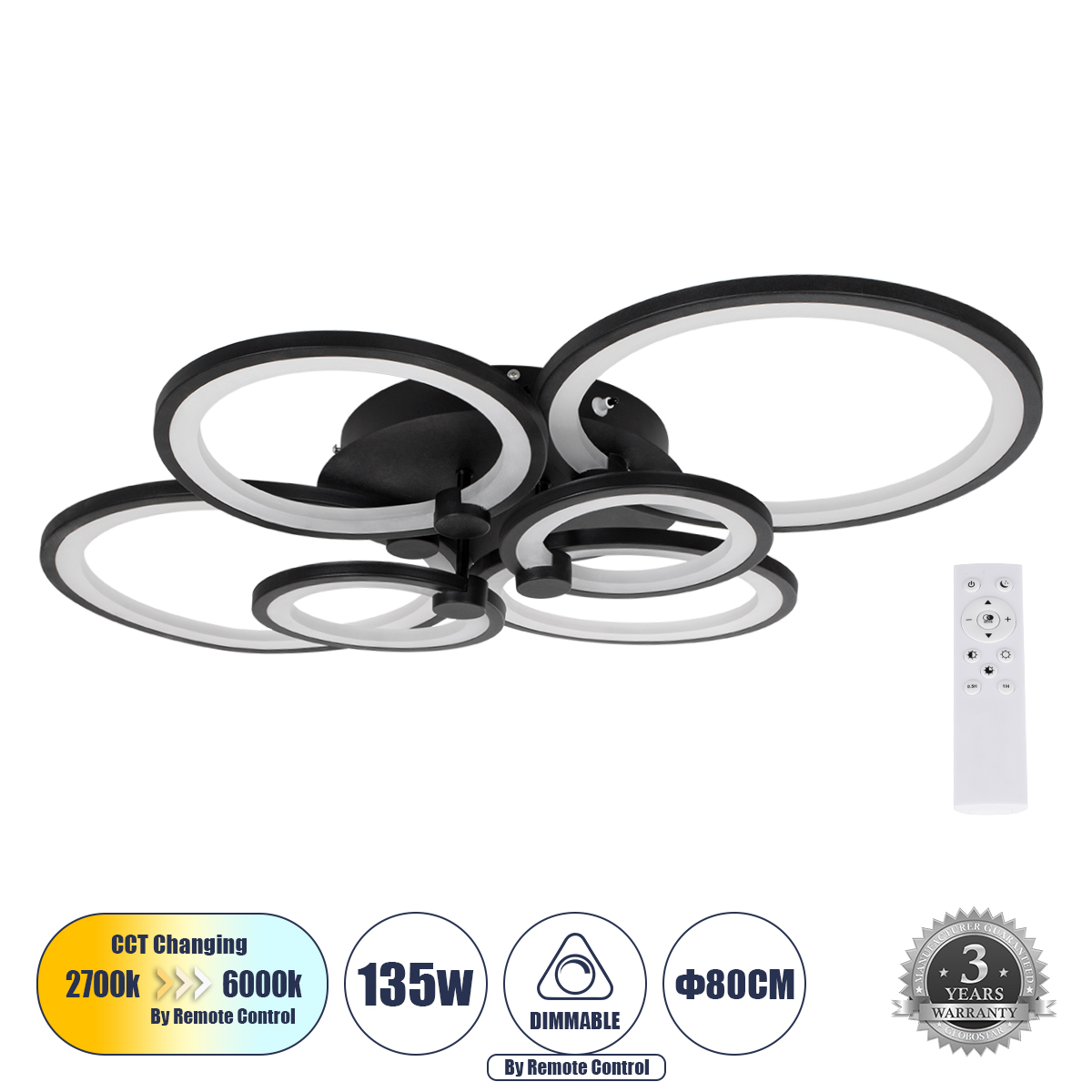 61323 GloboStar® ROYAL-R 61323 Φωτιστικό Οροφής Design LED CCT 135W 16200lm 360° AC 220-240V – Εναλλαγή Φωτισμού μέσω Τηλεχειριστηρίου All In One Ψυχρό 6000k+Φυσικό 4500k+Θερμό 2700k Dimmable Μ80.5 x Π59 x Υ12cm – Μαύρο – 3 Years Warranty 61323 GloboStar® ROYAL-R 61323 Φωτιστικό Οροφής Design LED CCT 135W 16200lm 360° AC 220-240V – Εναλλαγή Φωτισμού μέσω Τηλεχειριστηρίου All In One Ψυχρό 6000k+Φυσικό 4500k+Θερμό 2700k Dimmable Μ80.5 x Π59 x Υ12cm – Μαύρο – 3 Years Warranty