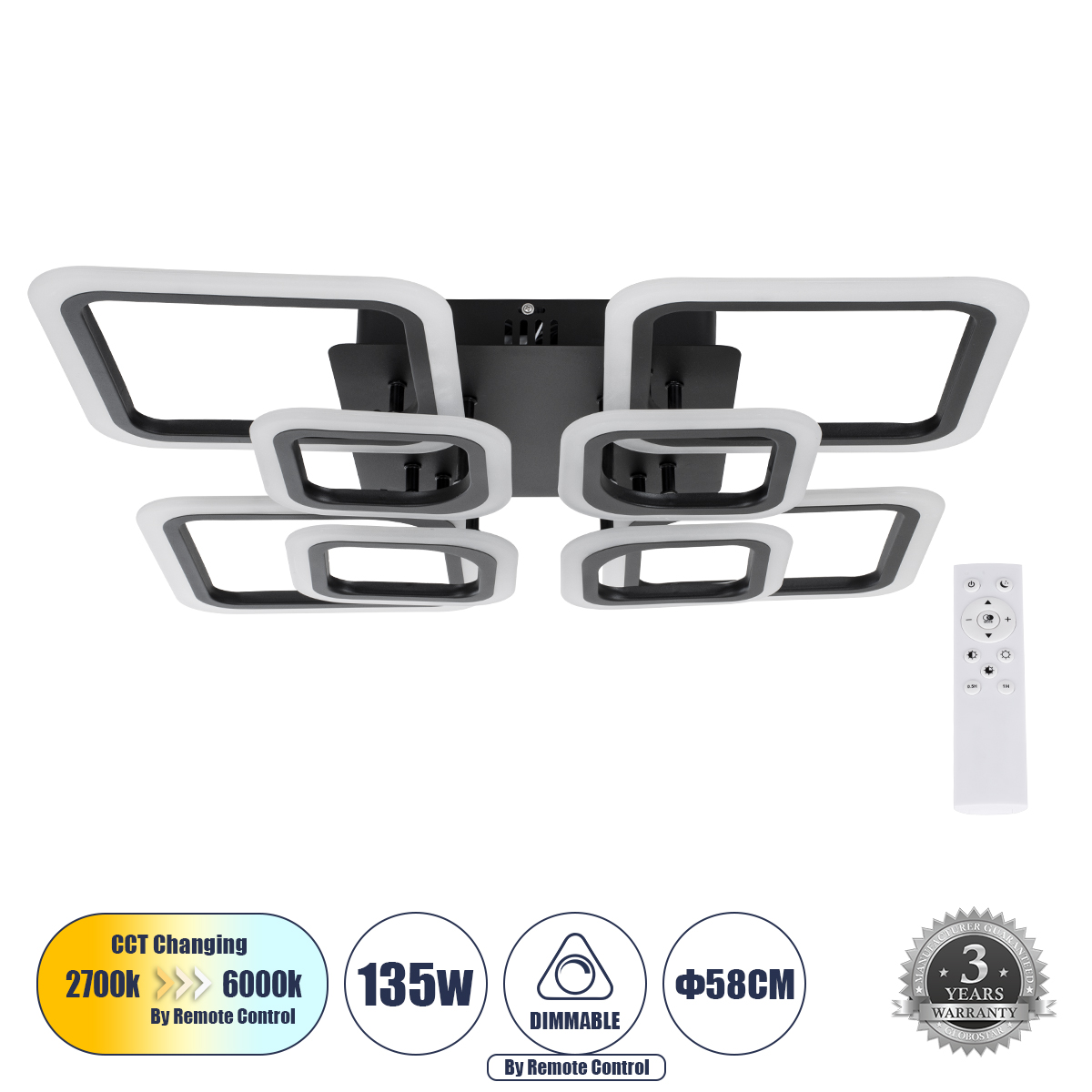 61325 GloboStar® ROYAL-S 61325 Φωτιστικό Οροφής Design LED CCT 135W 16200lm 360° AC 220-240V – Εναλλαγή Φωτισμού μέσω Τηλεχειριστηρίου All In One Ψυχρό 6000k+Φυσικό 4500k+Θερμό 2700k Dimmable Μ58.5 x Π58.5 x Υ12cm – Μαύρο – 3 Years Warranty 61325 GloboStar® ROYAL-S 61325 Φωτιστικό Οροφής Design LED CCT 135W 16200lm 360° AC 220-240V – Εναλλαγή Φωτισμού μέσω Τηλεχειριστηρίου All In One Ψυχρό 6000k+Φυσικό 4500k+Θερμό 2700k Dimmable Μ58.5 x Π58.5 x Υ12cm – Μαύρο – 3 Years Warranty