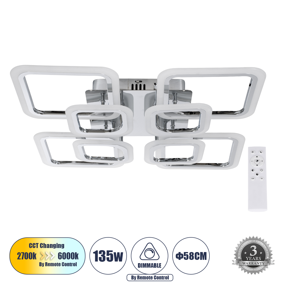 61326 GloboStar® ROYAL-S 61326 Φωτιστικό Οροφής Design LED CCT 135W 16200lm 360° AC 220-240V – Εναλλαγή Φωτισμού μέσω Τηλεχειριστηρίου All In One Ψυχρό 6000k+Φυσικό 4500k+Θερμό 2700k Dimmable Μ58.5 x Π58.5 x Υ12cm – Ασημί Νίκελ – 3 Years Warranty 61326 GloboStar® ROYAL-S 61326 Φωτιστικό Οροφής Design LED CCT 135W 16200lm 360° AC 220-240V – Εναλλαγή Φωτισμού μέσω Τηλεχειριστηρίου All In One Ψυχρό 6000k+Φυσικό 4500k+Θερμό 2700k Dimmable Μ58.5 x Π58.5 x Υ12cm – Ασημί Νίκελ – 3 Years Warranty