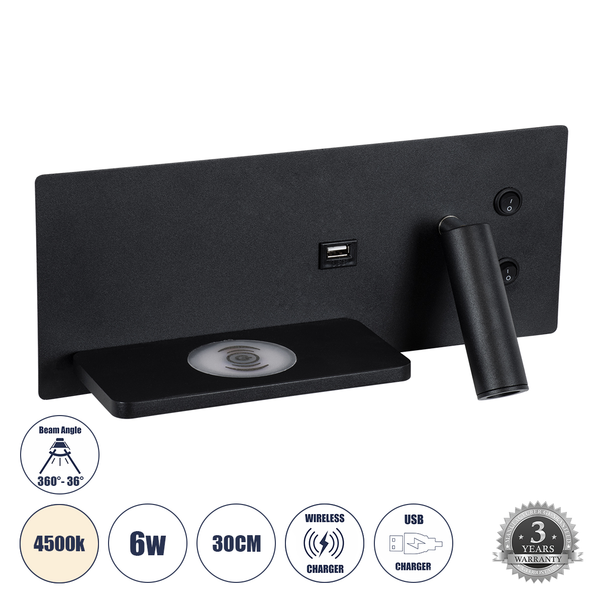 61351 GloboStar® PALADIN 61351 Μοντέρνο Φωτιστικό Τοίχου – Απλίκα Ξενοδοχείου Bed Side LED 6W 720lm 36° AC 220-240V – Reading Light & Κρυφός Φωτισμός – Φορτιστές USB 3A & Wireless 20W – Μ30 x Π11 x Υ12cm – Φυσικό Λευκό 4500K – Μαύρο – Αριστερό 61351 GloboStar® PALADIN 61351 Μοντέρνο Φωτιστικό Τοίχου – Απλίκα Ξενοδοχείου Bed Side LED 6W 720lm 36° AC 220-240V – Reading Light & Κρυφός Φωτισμός – Φορτιστές USB 3A & Wireless 20W – Μ30 x Π11 x Υ12cm – Φυσικό Λευκό 4500K – Μαύρο – Αριστερό