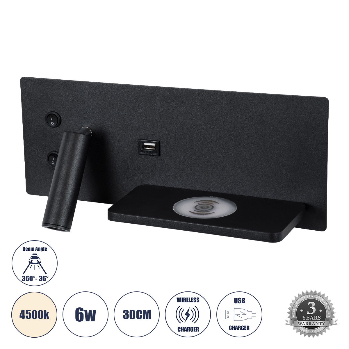 61352 GloboStar® PALADIN 61352 Μοντέρνο Φωτιστικό Τοίχου – Απλίκα Ξενοδοχείου Bed Side LED 6W 720lm 36° AC 220-240V – Reading Light & Κρυφός Φωτισμός – Φορτιστές USB 3A & Wireless 20W – Μ30 x Π11 x Υ12cm – Φυσικό Λευκό 4500K – Μαύρο – Δεξί 61352 GloboStar® PALADIN 61352 Μοντέρνο Φωτιστικό Τοίχου – Απλίκα Ξενοδοχείου Bed Side LED 6W 720lm 36° AC 220-240V – Reading Light & Κρυφός Φωτισμός – Φορτιστές USB 3A & Wireless 20W – Μ30 x Π11 x Υ12cm – Φυσικό Λευκό 4500K – Μαύρο – Δεξί