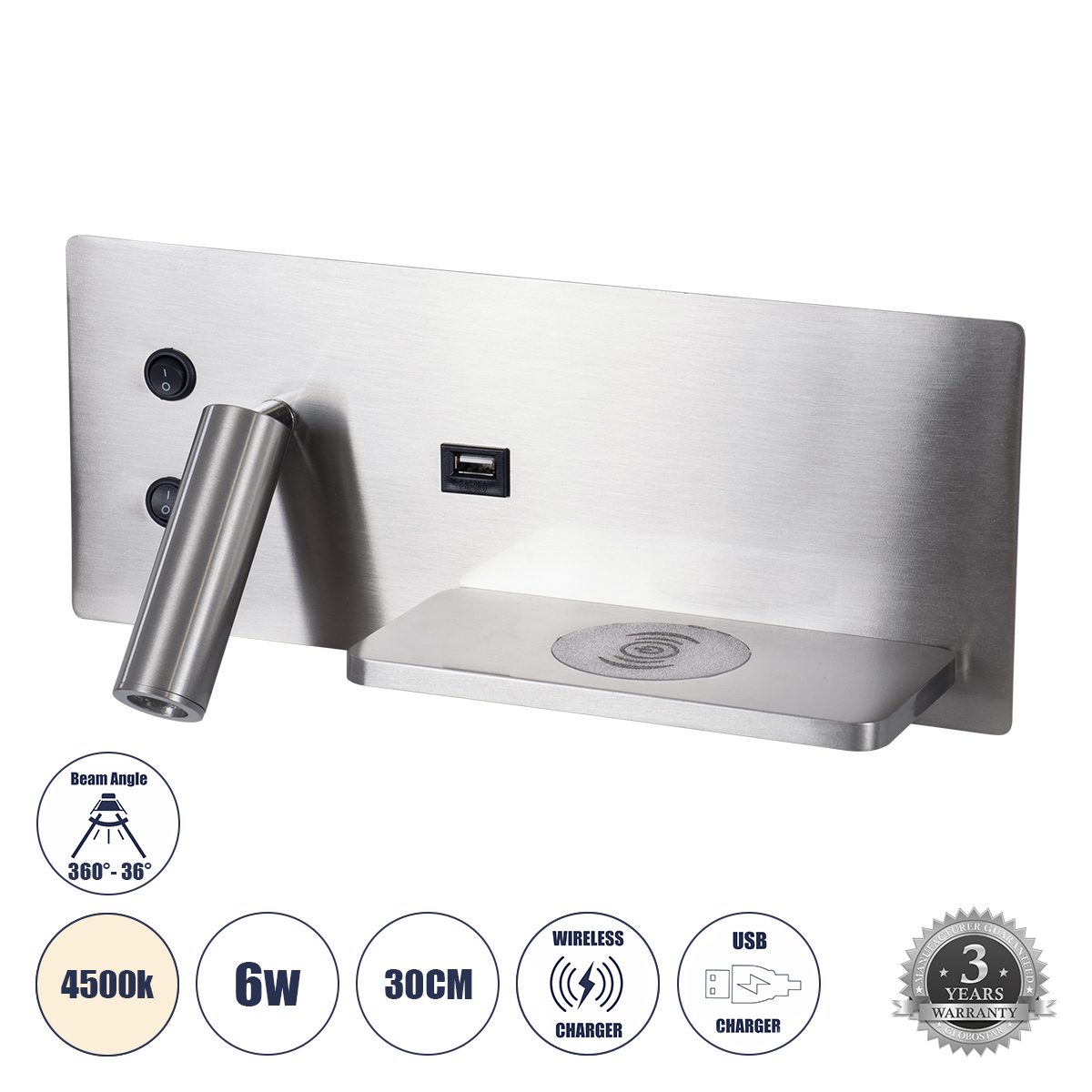 61356 GloboStar® PALADIN 61356 Μοντέρνο Φωτιστικό Τοίχου – Απλίκα Ξενοδοχείου Bed Side LED 6W 720lm 36° AC 220-240V – Reading Light & Κρυφός Φωτισμός – Φορτιστές USB 3A & Wireless 20W – Μ30 x Π11 x Υ12cm – Φυσικό Λευκό 4500K – Νίκελ Βούρτσας – Δεξί 61356 GloboStar® PALADIN 61356 Μοντέρνο Φωτιστικό Τοίχου – Απλίκα Ξενοδοχείου Bed Side LED 6W 720lm 36° AC 220-240V – Reading Light & Κρυφός Φωτισμός – Φορτιστές USB 3A & Wireless 20W – Μ30 x Π11 x Υ12cm – Φυσικό Λευκό 4500K – Νίκελ Βούρτσας – Δεξί