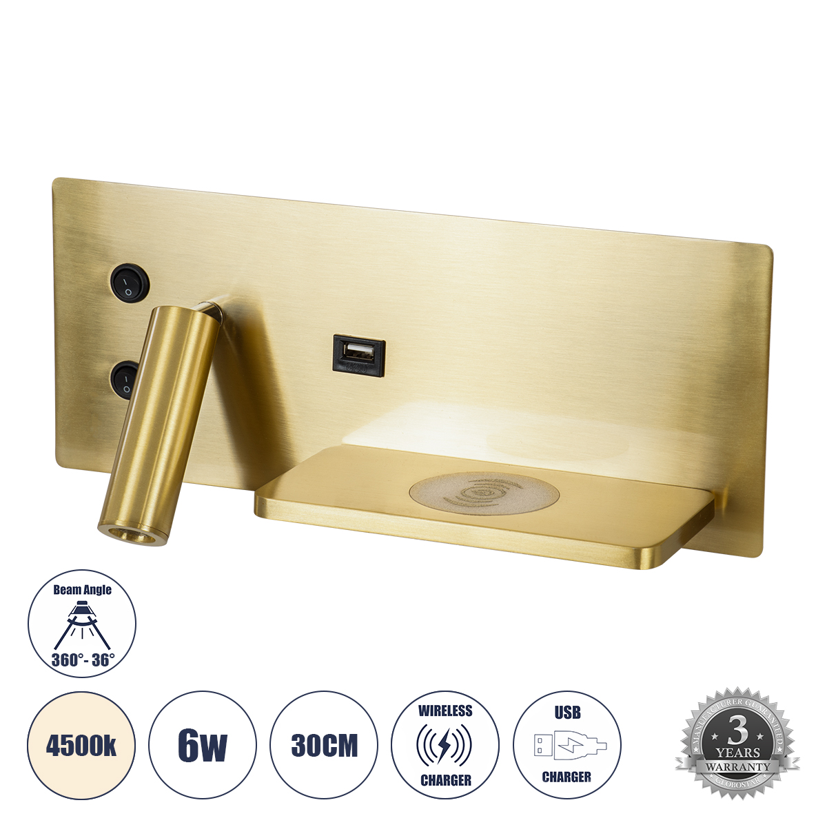 61358 GloboStar® PALADIN 61358 Μοντέρνο Φωτιστικό Τοίχου – Απλίκα Ξενοδοχείου Bed Side LED 6W 720lm 36° AC 220-240V – Reading Light & Κρυφός Φωτισμός – Φορτιστές USB 3A & Wireless 20W – Μ30 x Π11 x Υ12cm – Φυσικό Λευκό 4500K – Χρυσό Βούρτσας – Δεξί 61358 GloboStar® PALADIN 61358 Μοντέρνο Φωτιστικό Τοίχου – Απλίκα Ξενοδοχείου Bed Side LED 6W 720lm 36° AC 220-240V – Reading Light & Κρυφός Φωτισμός – Φορτιστές USB 3A & Wireless 20W – Μ30 x Π11 x Υ12cm – Φυσικό Λευκό 4500K – Χρυσό Βούρτσας – Δεξί