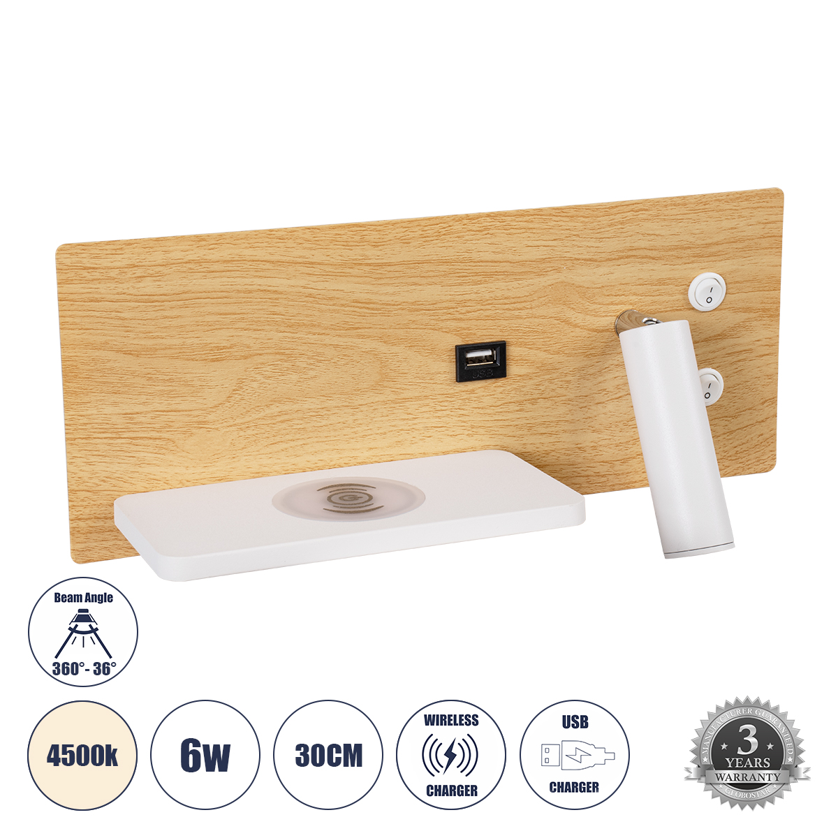 61359 GloboStar® PALADIN 61359 Μοντέρνο Φωτιστικό Τοίχου – Απλίκα Ξενοδοχείου Bed Side LED 6W 720lm 36° AC 220-240V – Reading Light & Κρυφός Φωτισμός – Φορτιστές USB 3A & Wireless 20W – Μ30 x Π11 x Υ12cm – Φυσικό Λευκό 4500K – Ξύλο & Λευκό – Αριστερό 61359 GloboStar® PALADIN 61359 Μοντέρνο Φωτιστικό Τοίχου – Απλίκα Ξενοδοχείου Bed Side LED 6W 720lm 36° AC 220-240V – Reading Light & Κρυφός Φωτισμός – Φορτιστές USB 3A & Wireless 20W – Μ30 x Π11 x Υ12cm – Φυσικό Λευκό 4500K – Ξύλο & Λευκό – Αριστερό