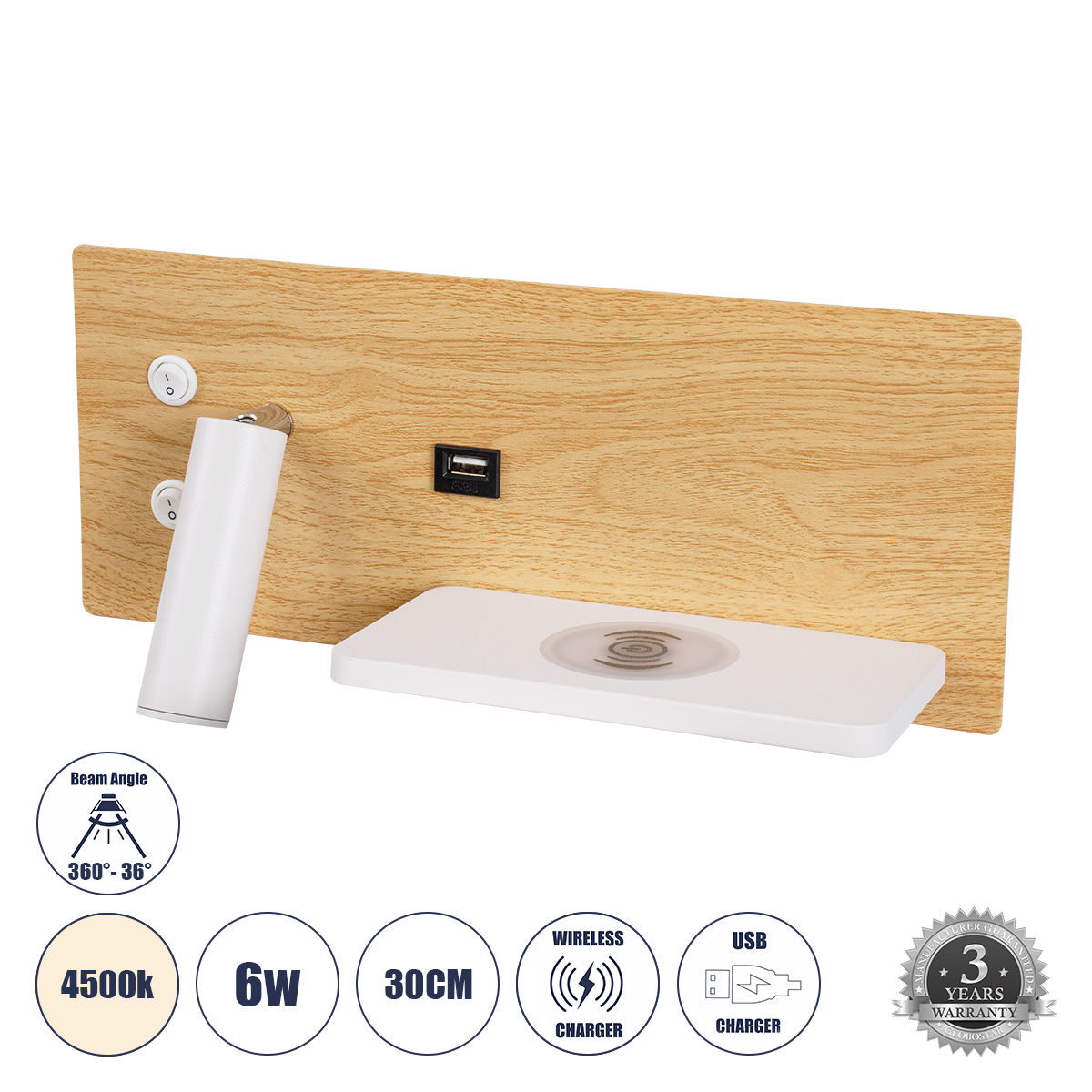 61360 GloboStar® PALADIN 61360 Μοντέρνο Φωτιστικό Τοίχου – Απλίκα Ξενοδοχείου Bed Side LED 6W 720lm 36° AC 220-240V – Reading Light & Κρυφός Φωτισμός – Φορτιστές USB 3A & Wireless 20W – Μ30 x Π11 x Υ12cm – Φυσικό Λευκό 4500K – Ξύλο & Λευκό – Δεξί 61360 GloboStar® PALADIN 61360 Μοντέρνο Φωτιστικό Τοίχου – Απλίκα Ξενοδοχείου Bed Side LED 6W 720lm 36° AC 220-240V – Reading Light & Κρυφός Φωτισμός – Φορτιστές USB 3A & Wireless 20W – Μ30 x Π11 x Υ12cm – Φυσικό Λευκό 4500K – Ξύλο & Λευκό – Δεξί