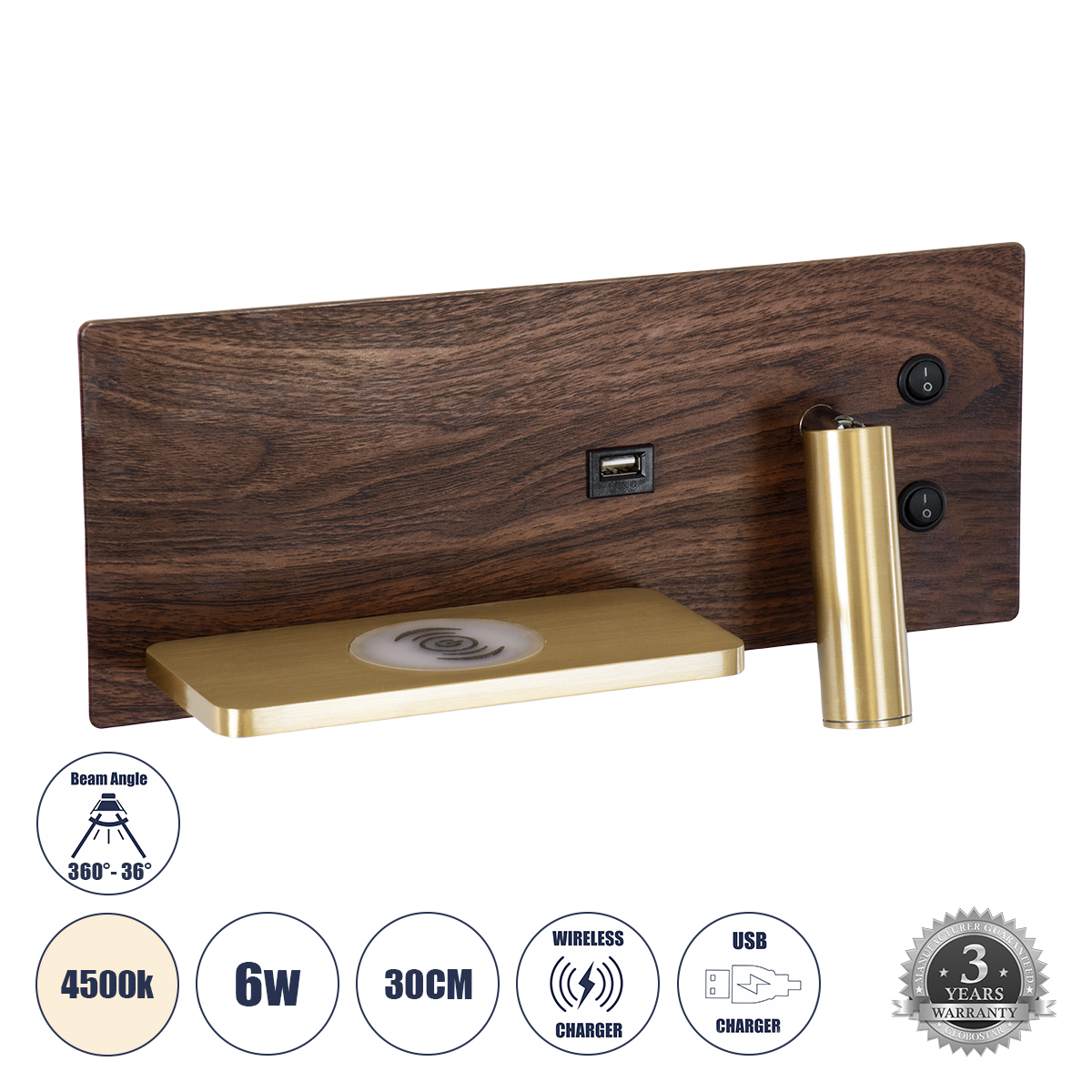 61361 GloboStar® PALADIN 61361 Μοντέρνο Φωτιστικό Τοίχου – Απλίκα Ξενοδοχείου Bed Side LED 6W 720lm 36° AC 220-240V – Reading Light & Κρυφός Φωτισμός – Φορτιστές USB 3A & Wireless 20W – Μ30 x Π11 x Υ12cm – Φυσικό Λευκό 4500K – Ξύλο & Χρυσό – Αριστερό 61361 GloboStar® PALADIN 61361 Μοντέρνο Φωτιστικό Τοίχου – Απλίκα Ξενοδοχείου Bed Side LED 6W 720lm 36° AC 220-240V – Reading Light & Κρυφός Φωτισμός – Φορτιστές USB 3A & Wireless 20W – Μ30 x Π11 x Υ12cm – Φυσικό Λευκό 4500K – Ξύλο & Χρυσό – Αριστερό
