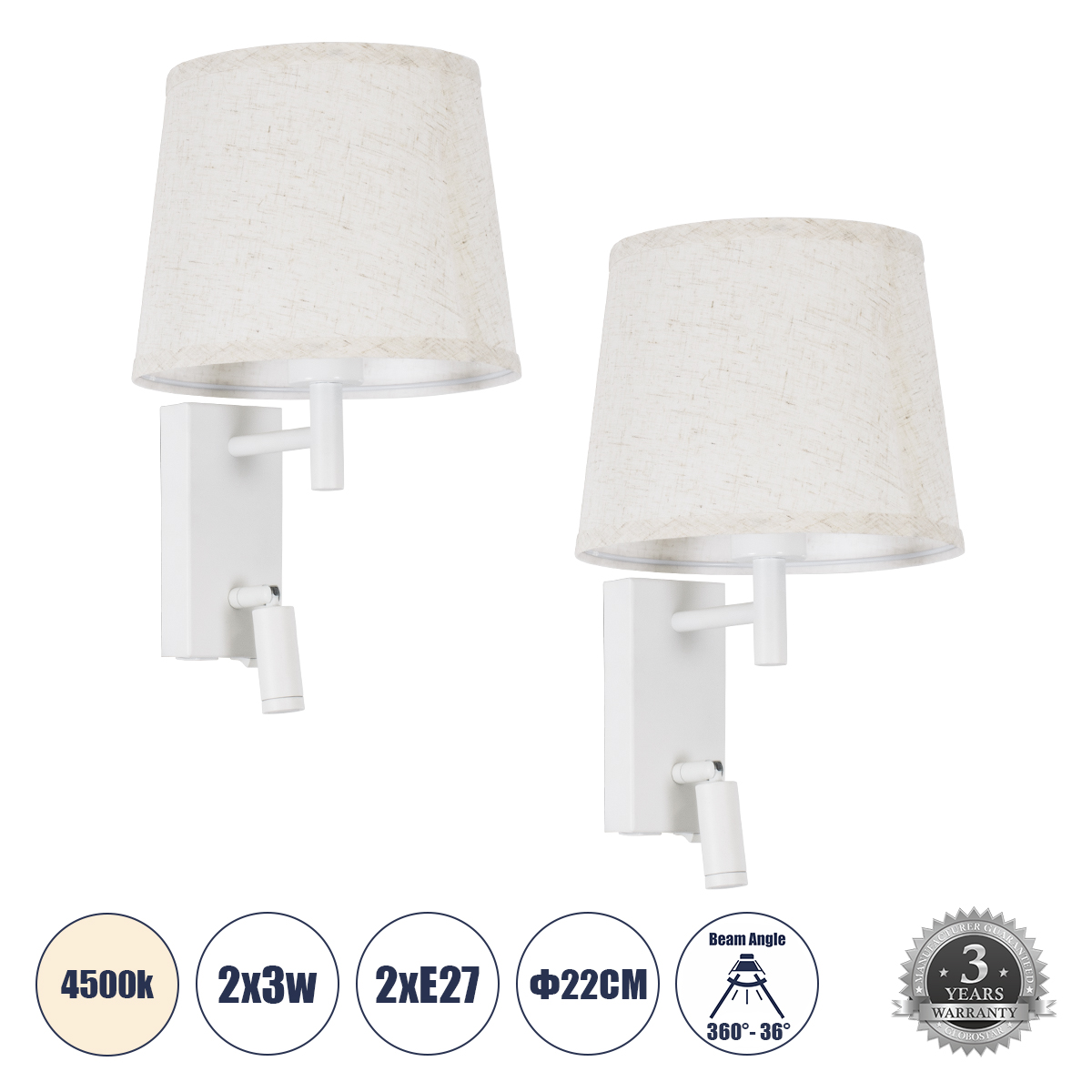 61380 GloboStar® GLOBOSTAR® ROULETTE-R 61380 Μοντέρνο Φωτιστικό Τοίχου - Απλίκα Ξενοδοχείου Reading Light με Φορτιστή USB 3A & Ντουί 1 x E27 LED 3W 360lm 36° & 360° AC 220-240V IP20 Φυσικό Λευκό 4500K - Bridgelux COB Chip & TÜV SÜD Driver - Λευκό Ματ & Μπ