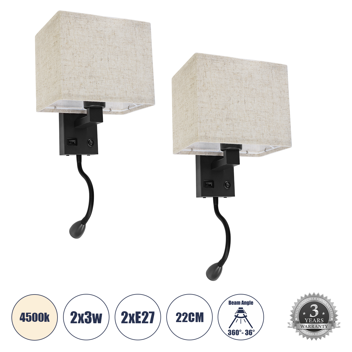 61382 GloboStar® GLOBOSTAR® ROULETTE-S 61382 Μοντέρνο Φωτιστικό Τοίχου - Απλίκα Ξενοδοχείου Reading Light με Φορτιστή USB 3A & Ντουί 1 x E27 LED 3W 360lm 36° & 360° AC 220-240V IP20 Φυσικό Λευκό 4500K - Bridgelux COB Chip & TÜV SÜD Driver - Μαύρο & Μπεζ -