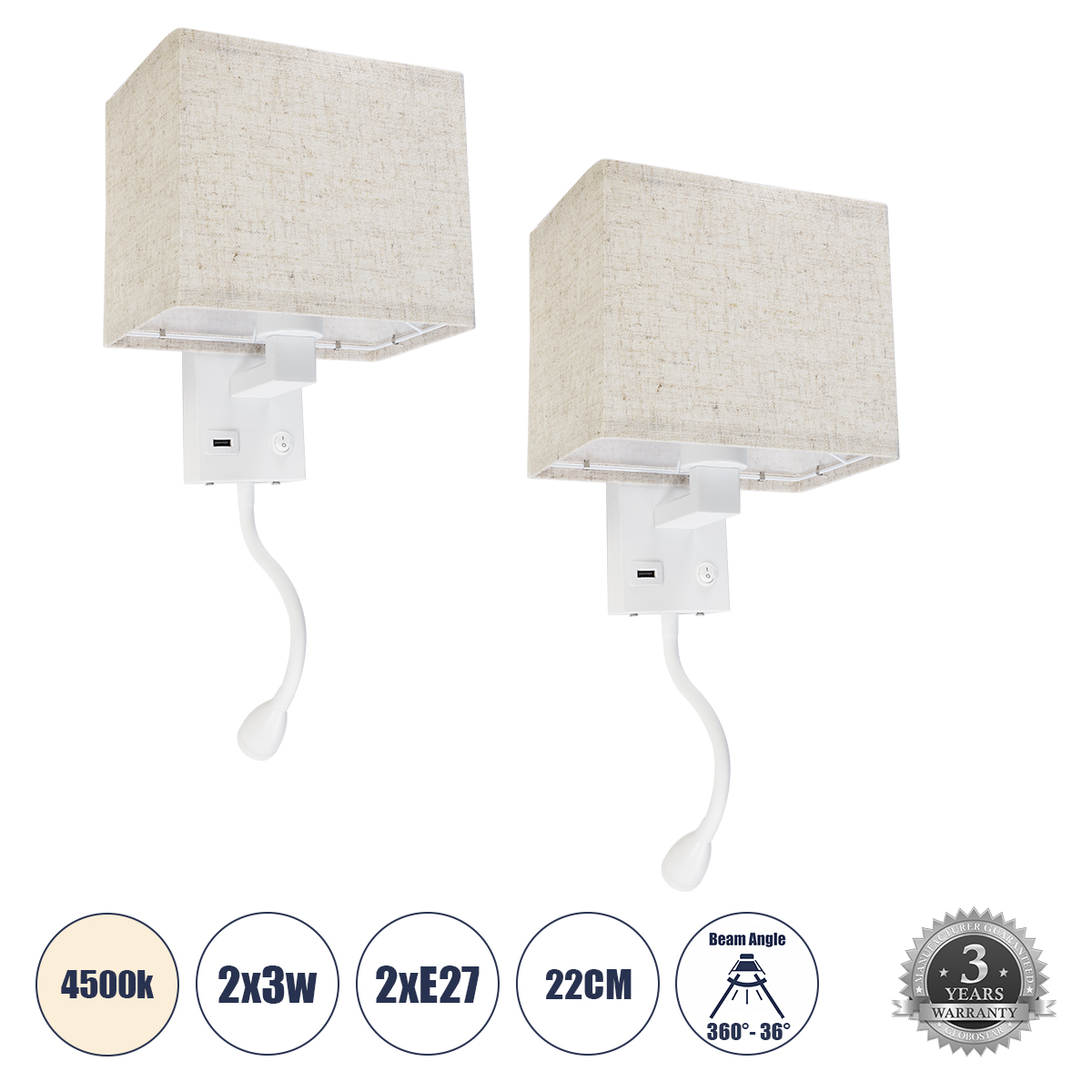 61383 GloboStar® GLOBOSTAR® ROULETTE-S 61383 Μοντέρνο Φωτιστικό Τοίχου - Απλίκα Ξενοδοχείου Reading Light με Φορτιστή USB 3A & Ντουί 1 x E27 LED 3W 360lm 36° & 360° AC 220-240V IP20 Φυσικό Λευκό 4500K - Bridgelux COB Chip & TÜV SÜD Driver - Λευκό & Μπεζ -