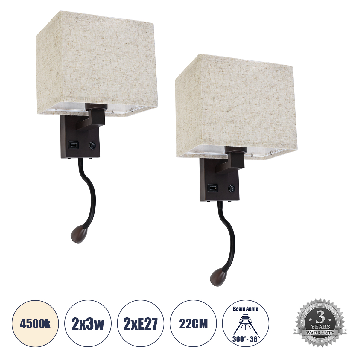 61384 GloboStar® GLOBOSTAR® ROULETTE-S 61384 Μοντέρνο Φωτιστικό Τοίχου - Απλίκα Ξενοδοχείου Reading Light με Φορτιστή USB 3A & Ντουί 1 x E27 LED 3W 360lm 36° & 360° AC 220-240V IP20 Φυσικό Λευκό 4500K - Bridgelux COB Chip & TÜV SÜD Driver - Καφέ & Μπεζ -