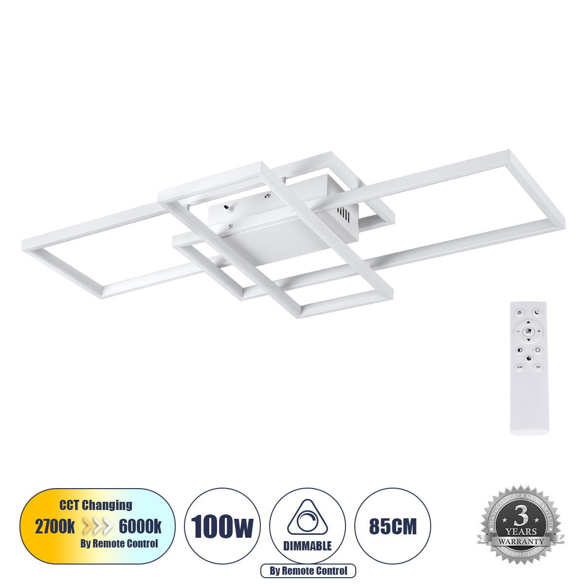 61386 GloboStar® QUADRA 61386 Φωτιστικό Οροφής Design LED CCT 100W 12000lm 120° AC 220-240V – Εναλλαγή Φωτισμού μέσω Τηλεχειριστηρίου All In One Ψυχρό 6000k+Φυσικό 4500k+Θερμό 2700k Dimmable Μ85 x Π45 x Υ9cm – Λευκό – 3 Years Warranty 61386 GloboStar® QUADRA 61386 Φωτιστικό Οροφής Design LED CCT 100W 12000lm 120° AC 220-240V – Εναλλαγή Φωτισμού μέσω Τηλεχειριστηρίου All In One Ψυχρό 6000k+Φυσικό 4500k+Θερμό 2700k Dimmable Μ85 x Π45 x Υ9cm – Λευκό – 3 Years Warranty