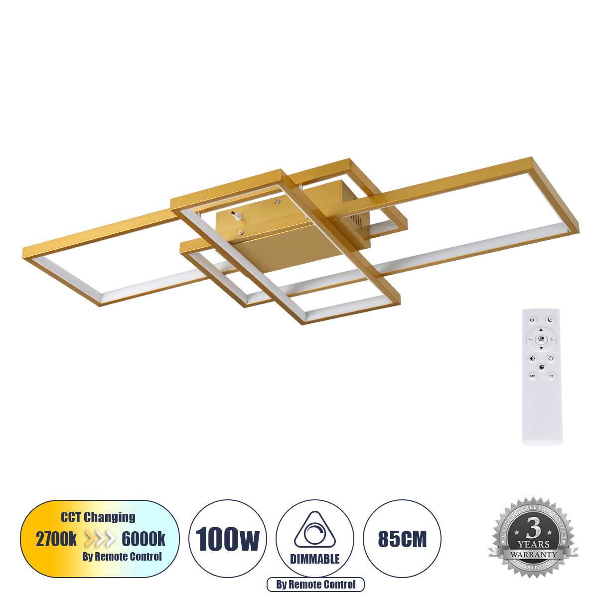 61387 GloboStar® GLOBOSTAR® QUADRA 61387 Μοντέρνο Φωτιστικό Οροφής LED 100W 12000lm 120° AC 220-240V IP20 Ρυθμιζόμενο Λευκό CCT με Χειριστήριο από 2700K έως 6000K Dimmable – Lumileds SMD Chip – Χρυσό Βούρτσας – Μ85 x Π45 x Υ9cm – 3 Χρόνια Εγγύηση 61387 GloboStar® GLOBOSTAR® QUADRA 61387 Μοντέρνο Φωτιστικό Οροφής LED 100W 12000lm 120° AC 220-240V IP20 Ρυθμιζόμενο Λευκό CCT με Χειριστήριο από 2700K έως 6000K Dimmable – Lumileds SMD Chip – Χρυσό Βούρτσας – Μ85 x Π45 x Υ9cm – 3 Χρόνια Εγγύηση