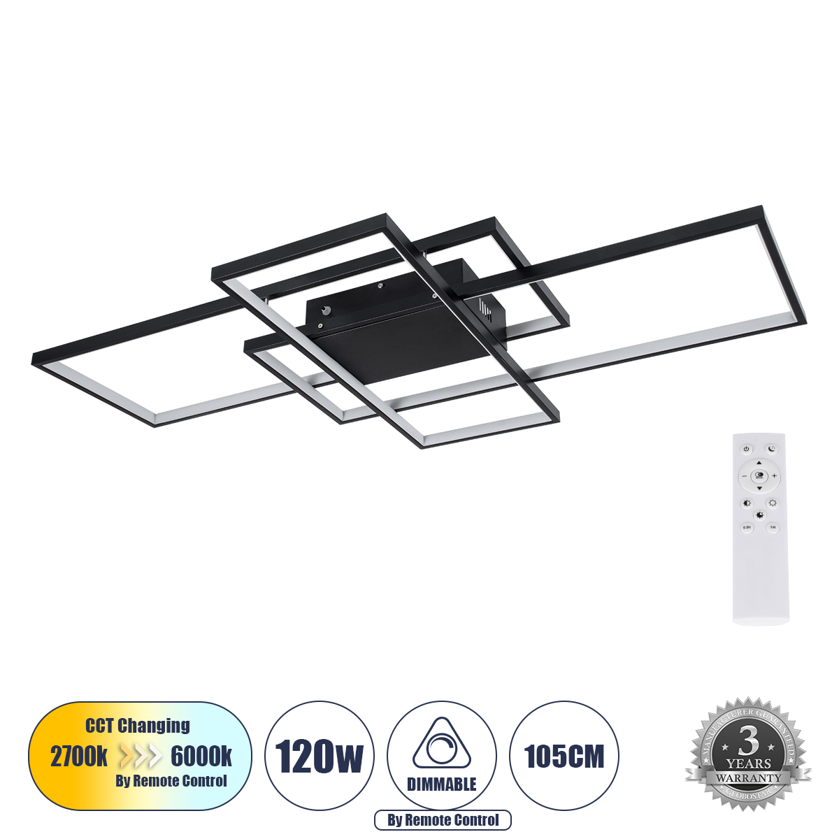 61388 GloboStar® QUADRA 61388 Φωτιστικό Οροφής Design LED CCT 120W 14400lm 120° AC 220-240V – Εναλλαγή Φωτισμού μέσω Τηλεχειριστηρίου All In One Ψυχρό 6000k+Φυσικό 4500k+Θερμό 2700k Dimmable Μ105 x Π60 x Υ9cm – Μαύρο – 3 Years Warranty 61388 GloboStar® QUADRA 61388 Φωτιστικό Οροφής Design LED CCT 120W 14400lm 120° AC 220-240V – Εναλλαγή Φωτισμού μέσω Τηλεχειριστηρίου All In One Ψυχρό 6000k+Φυσικό 4500k+Θερμό 2700k Dimmable Μ105 x Π60 x Υ9cm – Μαύρο – 3 Years Warranty
