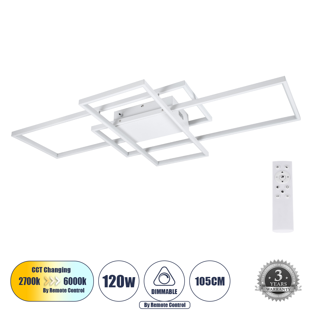 61389 GloboStar® QUADRA 61389 Φωτιστικό Οροφής Design LED CCT 120W 14400lm 120° AC 220-240V – Εναλλαγή Φωτισμού μέσω Τηλεχειριστηρίου All In One Ψυχρό 6000k+Φυσικό 4500k+Θερμό 2700k Dimmable Μ105 x Π60 x Υ9cm – Λευκό – 3 Years Warranty 61389 GloboStar® QUADRA 61389 Φωτιστικό Οροφής Design LED CCT 120W 14400lm 120° AC 220-240V – Εναλλαγή Φωτισμού μέσω Τηλεχειριστηρίου All In One Ψυχρό 6000k+Φυσικό 4500k+Θερμό 2700k Dimmable Μ105 x Π60 x Υ9cm – Λευκό – 3 Years Warranty