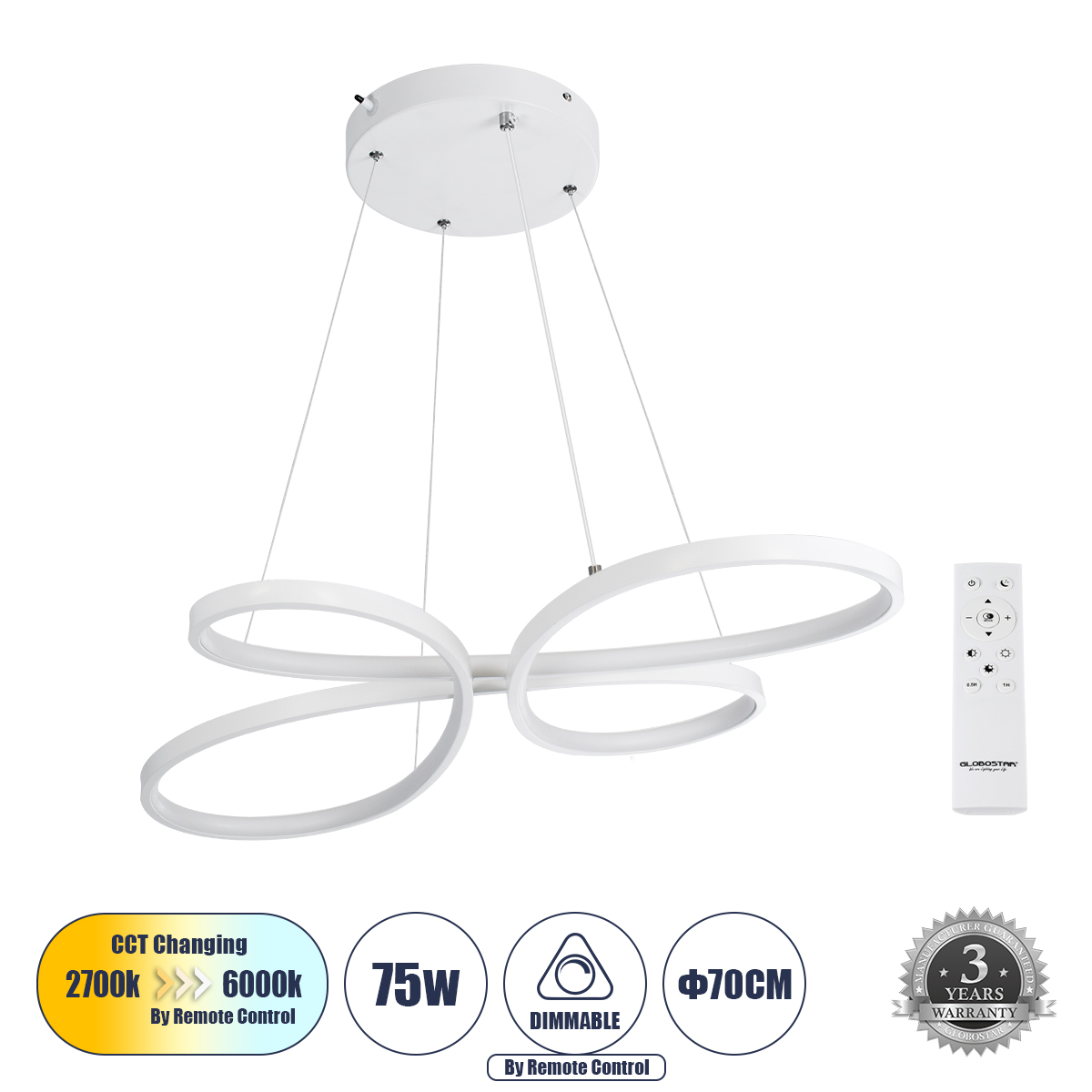 61392 GloboStar® BUTTERFLY 61392 Κρεμαστό Φωτιστικό Οροφής Design LED CCT 75W 8400lm 300° AC 220-240V – Εναλλαγή Φωτισμού μέσω Τηλεχειριστηρίου All In One Ψυχρό 6000k+Φυσικό 4500k+Θερμό 2700k Dimmable Μ71 x Π52 x Υ4cm – Λευκό – 3 Years Warranty 61392 GloboStar® BUTTERFLY 61392 Κρεμαστό Φωτιστικό Οροφής Design LED CCT 75W 8400lm 300° AC 220-240V – Εναλλαγή Φωτισμού μέσω Τηλεχειριστηρίου All In One Ψυχρό 6000k+Φυσικό 4500k+Θερμό 2700k Dimmable Μ71 x Π52 x Υ4cm – Λευκό – 3 Years Warranty