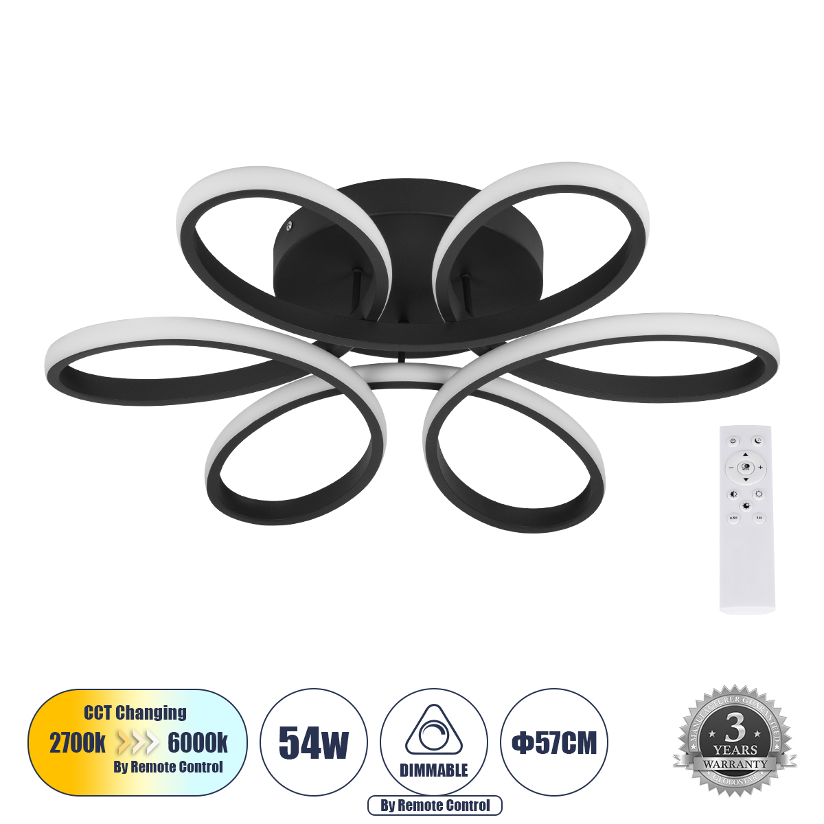 61400 GloboStar® GLOBOSTAR® MARGARET 61400 Μοντέρνο Φωτιστικό Οροφής LED 54W 6210lm 360° AC 220-240V IP20 Ρυθμιζόμενο Λευκό CCT με Χειριστήριο από 2700K έως 6000K Dimmable - Lumileds SMD Chip - Μαύρο Ματ - Μ57 x Π57 x Υ12cm - 3 Χρόνια Εγγύηση