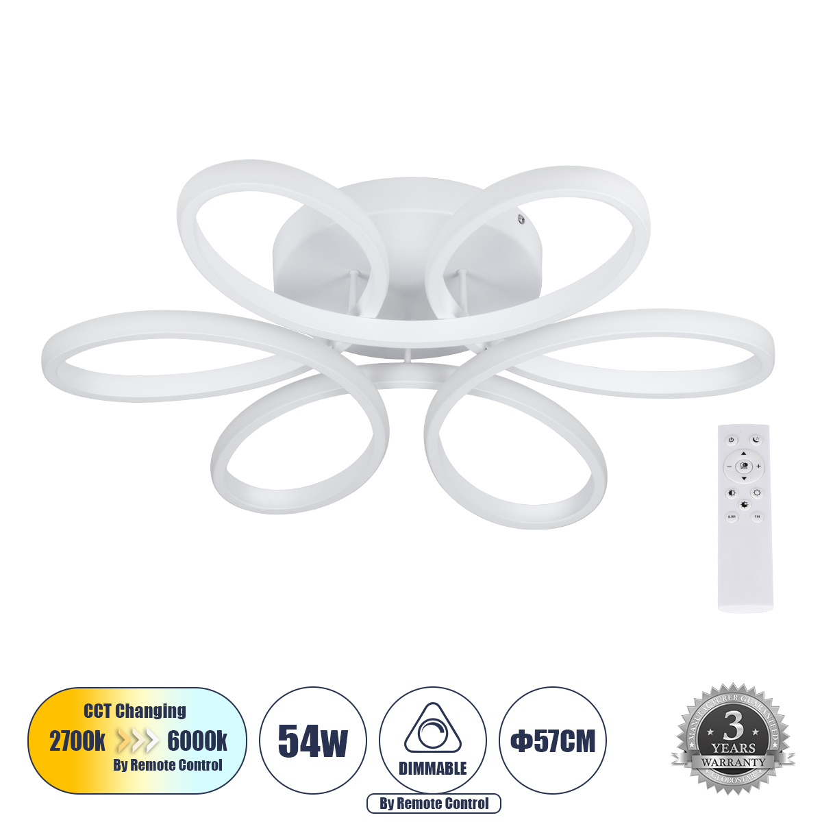 61401 GloboStar® GLOBOSTAR® MARGARET 61401 Μοντέρνο Φωτιστικό Οροφής LED 54W 6210lm 360° AC 220-240V IP20 Ρυθμιζόμενο Λευκό CCT με Χειριστήριο από 2700K έως 6000K Dimmable - Lumileds SMD Chip - Λευκό Ματ - Μ57 x Π57 x Υ12cm - 3 Χρόνια Εγγύηση