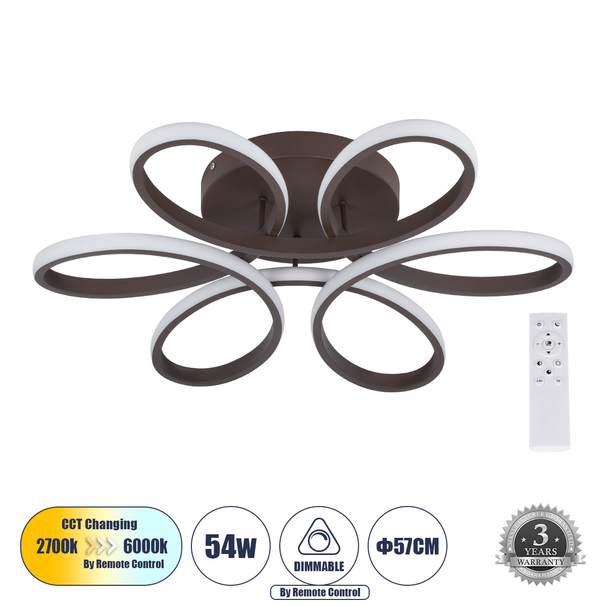 61402 GloboStar® GLOBOSTAR® MARGARET 61402 Μοντέρνο Φωτιστικό Οροφής LED 54W 6210lm 360° AC 220-240V IP20 Ρυθμιζόμενο Λευκό CCT με Χειριστήριο από 2700K έως 6000K Dimmable - Lumileds SMD Chip - Καφέ Ματ - Μ57 x Π57 x Υ12cm - 3 Χρόνια Εγγύηση