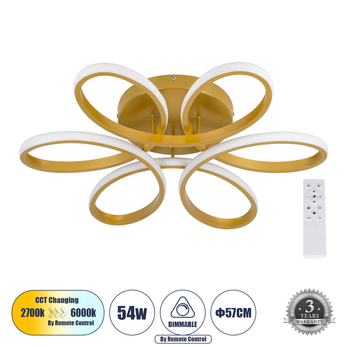 61403 GloboStar® GLOBOSTAR® MARGARET 61403 Μοντέρνο Φωτιστικό Οροφής LED 54W 6210lm 360° AC 220-240V IP20 Ρυθμιζόμενο Λευκό CCT με Χειριστήριο από 2700K έως 6000K Dimmable - Lumileds SMD Chip - Χρυσό Βούρτσας - Μ57 x Π57 x Υ12cm - 3 Χρόνια Εγγύηση