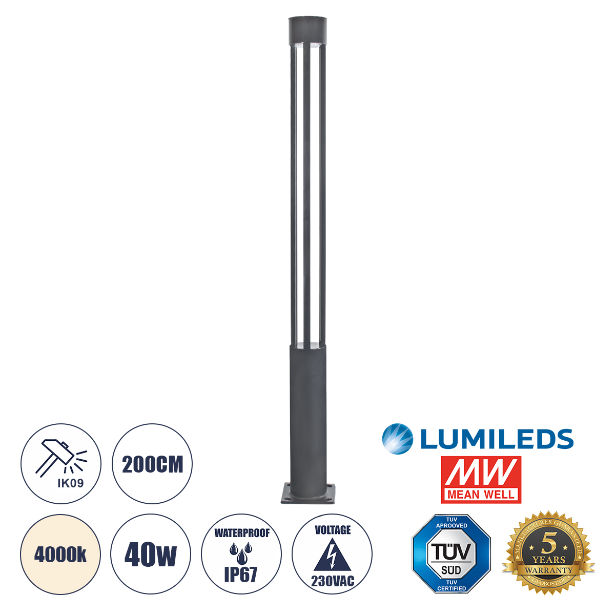 61509 GloboStar® CANCUN 61509 Urban Light Φωτιστικό Πάρκου – Πλατείας – Κήπου Ύψους 2 μέτρων LED 40W 5440lm 60° AC100-240VAC IP67 IK09 – D15.5 x H200cm – Anthracite Grey – Φυσικό Λευκό 4000K – LUMILEDS – MEAN WELL DRIVER – 5 Years Warranty 61509 GloboStar® CANCUN 61509 Urban Light Φωτιστικό Πάρκου – Πλατείας – Κήπου Ύψους 2 μέτρων LED 40W 5440lm 60° AC100-240VAC IP67 IK09 – D15.5 x H200cm – Anthracite Grey – Φυσικό Λευκό 4000K – LUMILEDS – MEAN WELL DRIVER – 5 Years Warranty