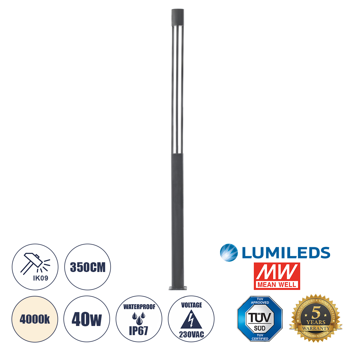 61510 GloboStar® CANCUN 61510 Urban Light Φωτιστικό Πάρκου – Πλατείας – Κήπου Ύψους 3.5 μέτρων LED 40W 5440lm 60° AC100-240VAC IP67 IK09 – D15.5 x H350cm – Anthracite Grey – Φυσικό Λευκό 4000K – LUMILEDS – MEAN WELL DRIVER – 5 Years Warranty 61510 GloboStar® CANCUN 61510 Urban Light Φωτιστικό Πάρκου – Πλατείας – Κήπου Ύψους 3.5 μέτρων LED 40W 5440lm 60° AC100-240VAC IP67 IK09 – D15.5 x H350cm – Anthracite Grey – Φυσικό Λευκό 4000K – LUMILEDS – MEAN WELL DRIVER – 5 Years Warranty