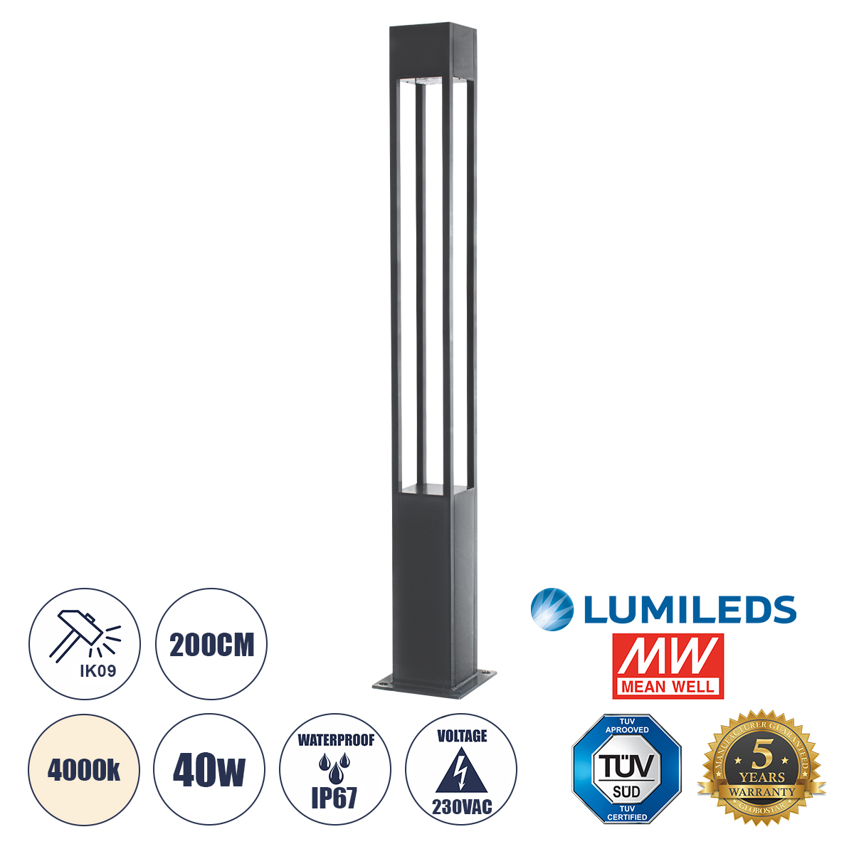 61511 GloboStar® MONTERREY 61511 Urban Light Φωτιστικό Πάρκου – Πλατείας – Κήπου Ύψους 2 μέτρων LED 40W 5440lm 60° AC100-240VAC IP67 IK09 – Μ20 x Π20 x Υ200cm – Anthracite Grey – Φυσικό Λευκό 4000K – LUMILEDS – MEAN WELL DRIVER – 5 Years Warranty 61511 GloboStar® MONTERREY 61511 Urban Light Φωτιστικό Πάρκου – Πλατείας – Κήπου Ύψους 2 μέτρων LED 40W 5440lm 60° AC100-240VAC IP67 IK09 – Μ20 x Π20 x Υ200cm – Anthracite Grey – Φυσικό Λευκό 4000K – LUMILEDS – MEAN WELL DRIVER – 5 Years Warranty