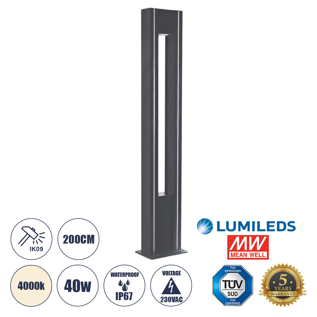 61513 GloboStar® MERIDA 61513 Urban Light Φωτιστικό Πάρκου – Πλατείας – Κήπου Ύψους 2 μέτρων LED 40W 5440lm 60° AC100-240VAC IP67 IK09 – Μ32 x Π13 x Υ200cm – Anthracite Grey – Φυσικό Λευκό 4000K – LUMILEDS – MEAN WELL DRIVER – 5 Years Warranty 61513 GloboStar® MERIDA 61513 Urban Light Φωτιστικό Πάρκου – Πλατείας – Κήπου Ύψους 2 μέτρων LED 40W 5440lm 60° AC100-240VAC IP67 IK09 – Μ32 x Π13 x Υ200cm – Anthracite Grey – Φυσικό Λευκό 4000K – LUMILEDS – MEAN WELL DRIVER – 5 Years Warranty