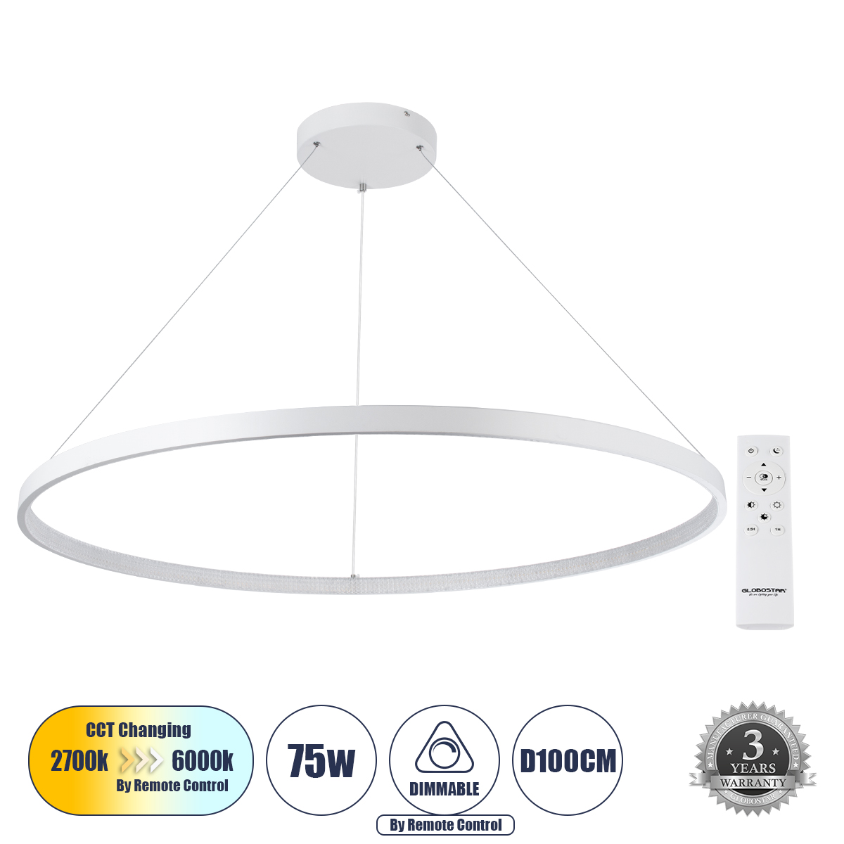 61518 GloboStar® DIAMOND 61518 Κρεμαστό Φωτιστικό Δαχτυλίδι-Κύκλος LED CCT 75W 8400lm 360° AC 220-240V – Εναλλαγή Φωτισμού μέσω Τηλεχειριστηρίου All In One Ψυχρό 6000k+Φυσικό 4500k+Θερμό 2700k Dimmable Φ100cm – Λευκό – 3 Years Warranty 61518 GloboStar® DIAMOND 61518 Κρεμαστό Φωτιστικό Δαχτυλίδι-Κύκλος LED CCT 75W 8400lm 360° AC 220-240V – Εναλλαγή Φωτισμού μέσω Τηλεχειριστηρίου All In One Ψυχρό 6000k+Φυσικό 4500k+Θερμό 2700k Dimmable Φ100cm – Λευκό – 3 Years Warranty