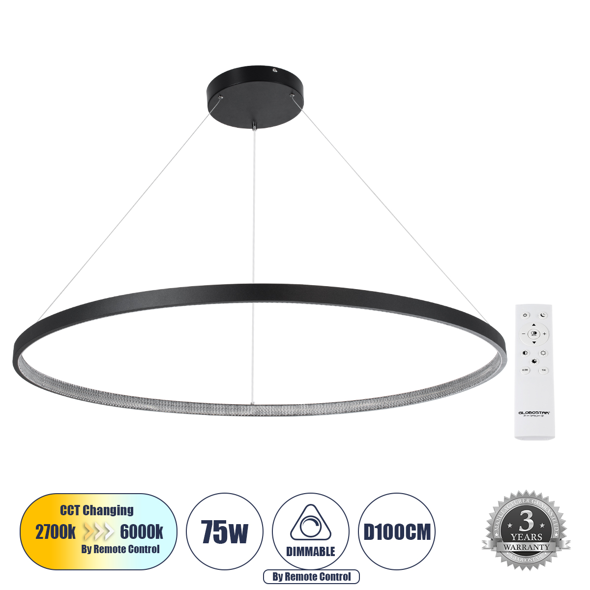 61519 GloboStar® DIAMOND 61519 Κρεμαστό Φωτιστικό Δαχτυλίδι-Κύκλος LED CCT 75W 8400lm 360° AC 220-240V – Εναλλαγή Φωτισμού μέσω Τηλεχειριστηρίου All In One Ψυχρό 6000k+Φυσικό 4500k+Θερμό 2700k Dimmable Φ100cm – Μαύρο – 3 Years Warranty 61519 GloboStar® DIAMOND 61519 Κρεμαστό Φωτιστικό Δαχτυλίδι-Κύκλος LED CCT 75W 8400lm 360° AC 220-240V – Εναλλαγή Φωτισμού μέσω Τηλεχειριστηρίου All In One Ψυχρό 6000k+Φυσικό 4500k+Θερμό 2700k Dimmable Φ100cm – Μαύρο – 3 Years Warranty
