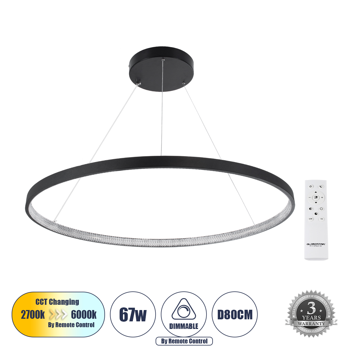 61520 GloboStar® DIAMOND 61520 Κρεμαστό Φωτιστικό Δαχτυλίδι-Κύκλος LED CCT 67W 7504lm 360° AC 220-240V – Εναλλαγή Φωτισμού μέσω Τηλεχειριστηρίου All In One Ψυχρό 6000k+Φυσικό 4500k+Θερμό 2700k Dimmable Φ80cm – Μαύρο – 3 Years Warranty 61520 GloboStar® DIAMOND 61520 Κρεμαστό Φωτιστικό Δαχτυλίδι-Κύκλος LED CCT 67W 7504lm 360° AC 220-240V – Εναλλαγή Φωτισμού μέσω Τηλεχειριστηρίου All In One Ψυχρό 6000k+Φυσικό 4500k+Θερμό 2700k Dimmable Φ80cm – Μαύρο – 3 Years Warranty
