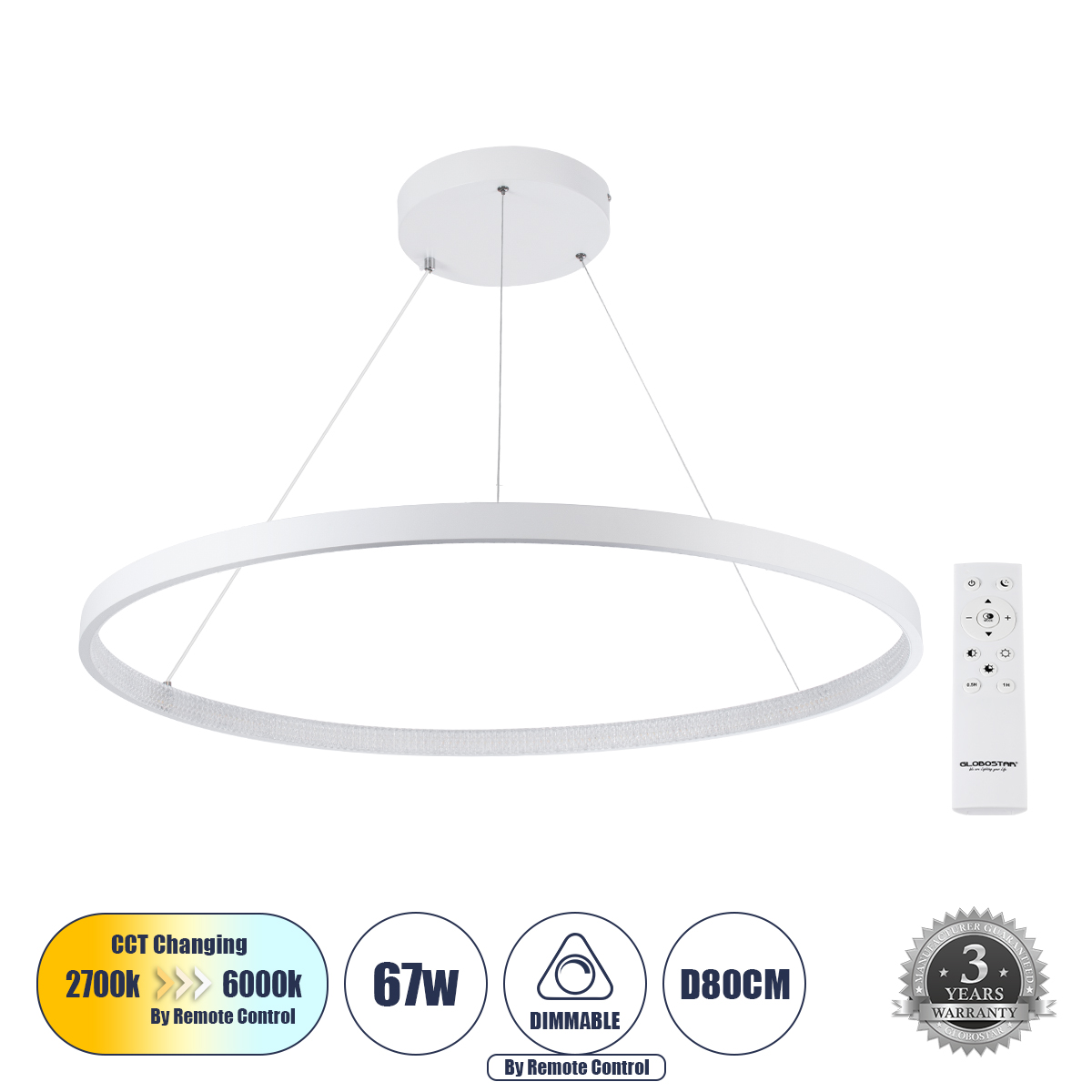 61521 GloboStar® DIAMOND 61521 Κρεμαστό Φωτιστικό Δαχτυλίδι-Κύκλος LED CCT 67W 7504lm 360° AC 220-240V – Εναλλαγή Φωτισμού μέσω Τηλεχειριστηρίου All In One Ψυχρό 6000k+Φυσικό 4500k+Θερμό 2700k Dimmable Φ80cm – Λευκό – 3 Years Warranty 61521 GloboStar® DIAMOND 61521 Κρεμαστό Φωτιστικό Δαχτυλίδι-Κύκλος LED CCT 67W 7504lm 360° AC 220-240V – Εναλλαγή Φωτισμού μέσω Τηλεχειριστηρίου All In One Ψυχρό 6000k+Φυσικό 4500k+Θερμό 2700k Dimmable Φ80cm – Λευκό – 3 Years Warranty