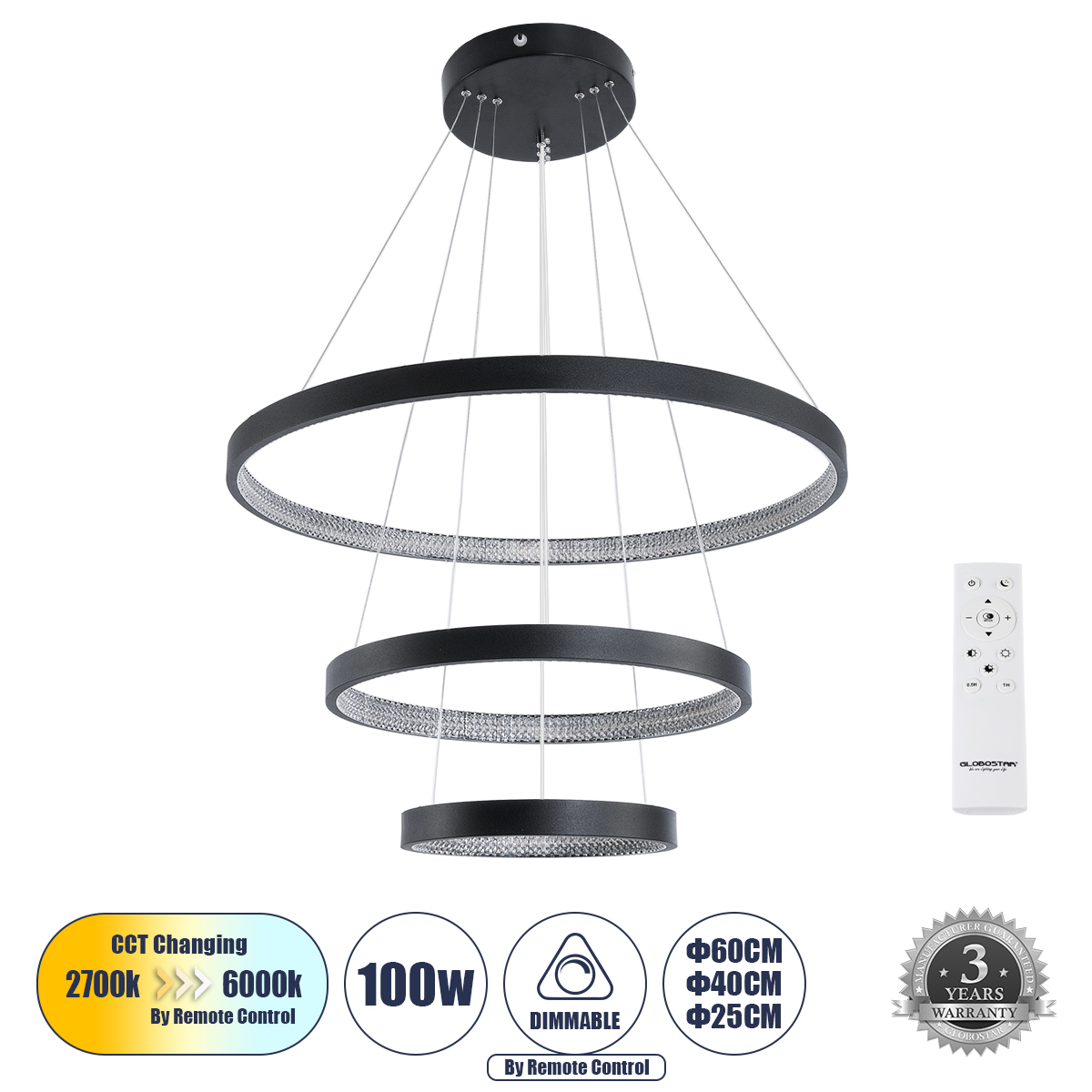 61523 GloboStar® DIAMOND TRIO 61523 Κρεμαστό Φωτιστικό Δαχτυλίδι-Κύκλος LED CCT 100W 11200lm 360° AC 220-240V – Εναλλαγή Φωτισμού μέσω Τηλεχειριστηρίου All In One Ψυχρό 6000k+Φυσικό 4500k+Θερμό 2700k Dimmable Φ25+40+60cm – Μαυρο – 3 Χρόνια Εγγύηση 61523 GloboStar® DIAMOND TRIO 61523 Κρεμαστό Φωτιστικό Δαχτυλίδι-Κύκλος LED CCT 100W 11200lm 360° AC 220-240V – Εναλλαγή Φωτισμού μέσω Τηλεχειριστηρίου All In One Ψυχρό 6000k+Φυσικό 4500k+Θερμό 2700k Dimmable Φ25+40+60cm – Μαυρο – 3 Χρόνια Εγγύηση