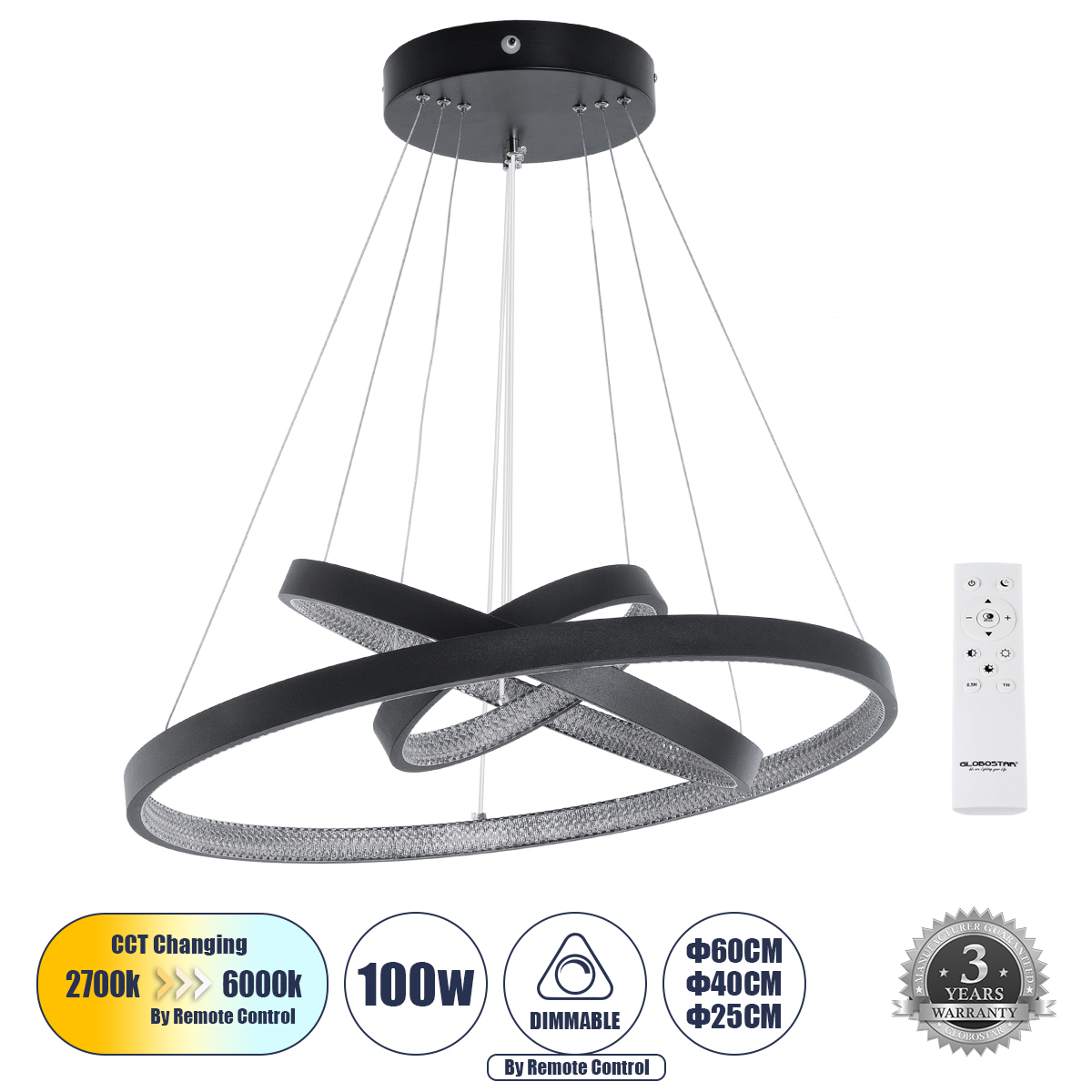 61523-DECO GloboStar® DIAMOND TRIO 61523-DECO Κρεμαστό Φωτιστικό Δαχτυλίδι-Κύκλος LED CCT 100W 11200lm 360° AC 220-240V – Εναλλαγή Φωτισμού μέσω Τηλεχειριστηρίου All In One Ψυχρό 6000k+Φυσικό 4500k+Θερμό 2700k Dimmable Φ25+40+60cm – Μαυρο – 3 Χρόνια Εγγύ 61523-DECO GloboStar® DIAMOND TRIO 61523-DECO Κρεμαστό Φωτιστικό Δαχτυλίδι-Κύκλος LED CCT 100W 11200lm 360° AC 220-240V – Εναλλαγή Φωτισμού μέσω Τηλεχειριστηρίου All In One Ψυχρό 6000k+Φυσικό 4500k+Θερμό 2700k Dimmable Φ25+40+60cm – Μαυρο – 3 Χρόνια Εγγύ