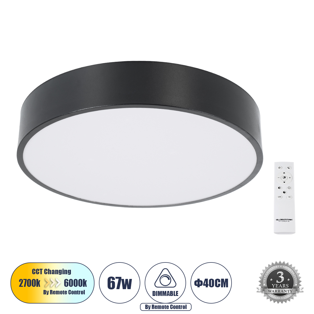 61200-1 GloboStar® GLOBOSTAR® BURTON 61200-S Μοντέρνο Φωτιστικό Οροφής LED 67W 7370lm 120° AC 220-240V IP20 Ρυθμιζόμενο Λευκό CCT με Χειριστήριο από 2700K έως 6000K Dimmable - Lumileds SMD Chip - Μαύρο Ματ - Μ40 x Π40 x Υ8cm - 3 Χρόνια Εγγύηση