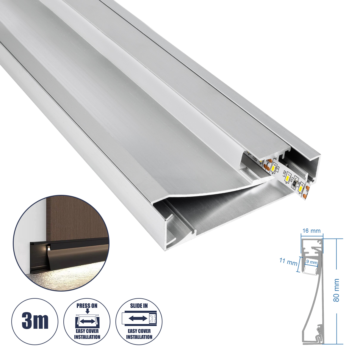 70850-3M GloboStar®  SKIRTINGBOARD-PROFILE 70850-3M Προφίλ Αλουμινίου - Βάση & Ψύκτρα Ταινίας LED με Λευκό Γαλακτερό Κάλυμμα - Επιφανειακή Χρήση για Περβάζι - Πατητό Κάλυμμα - Ασημί - 3 Μέτρα - Μ300 x Π1.6 x Υ8cm