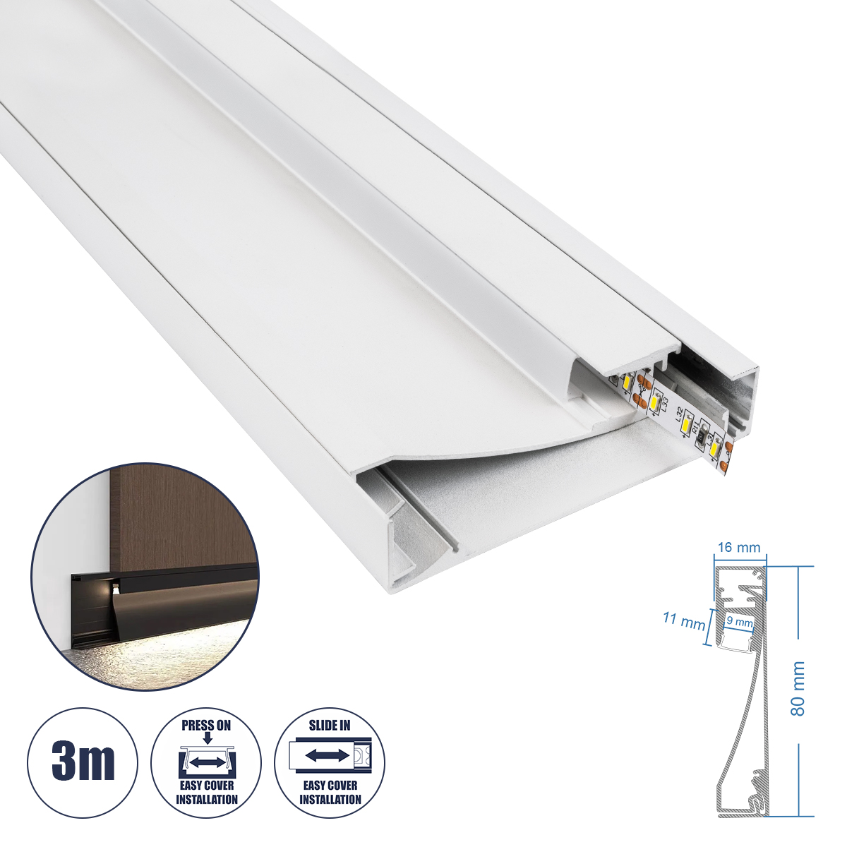 70851-3M GloboStar®  SKIRTINGBOARD-PROFILE 70851-3M Προφίλ Αλουμινίου - Βάση & Ψύκτρα Ταινίας LED με Λευκό Γαλακτερό Κάλυμμα - Επιφανειακή Χρήση για Περβάζι - Πατητό Κάλυμμα - Λευκό - 3 Μέτρα - Μ300 x Π1.6 x Υ8cm