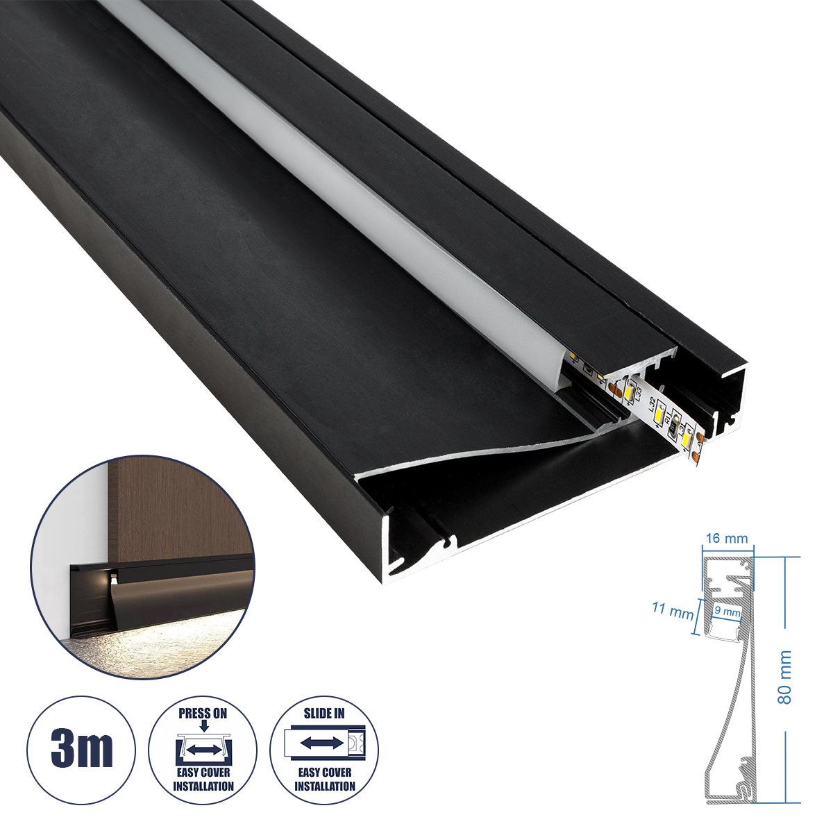 70852-3M GloboStar®  SKIRTINGBOARD-PROFILE 70852-3M Προφίλ Αλουμινίου - Βάση & Ψύκτρα Ταινίας LED με Λευκό Γαλακτερό Κάλυμμα - Επιφανειακή Χρήση για Περβάζι - Πατητό Κάλυμμα - Μαύρο - 3 Μέτρα - Μ300 x Π1.6 x Υ8cm