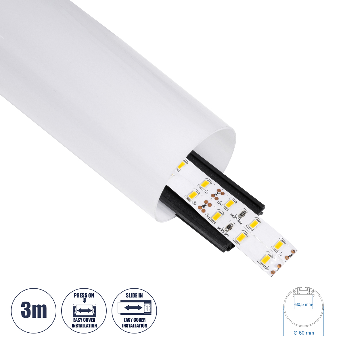 70856-3M GloboStar® GLOBOSTAR® ALP-ROUND TUBIT 70856-3M Επιφανειακό & Κρεμαστό Προφίλ Αλουμινίου με Λευκό Γαλακτερό Πατητό Κάλυμμα για Ταινίες LED IP20 - Μαύρο & Λευκό - Μ300 x Π6 x Υ6cm