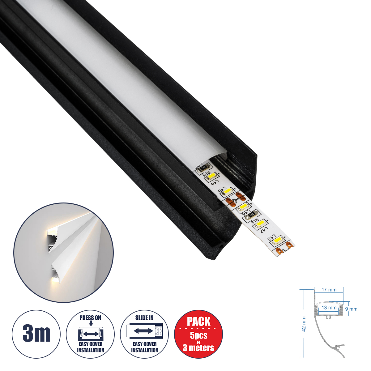 70859-3M GloboStar®  SURFACE-PROFILE 70859-3M Προφίλ Αλουμινίου – Βάση & Ψύκτρα Ταινίας LED με Λευκό Γαλακτερό Κάλυμμα – Επιφανειακή Χρήση Δημιουργίας Κρυφού Φωτισμού – Πατητό Κάλυμμα – Μαύρο – 3 Μέτρα – Πακέτο 5 Τεμαχίων – Μ300 x Π1.7 x Υ4.2cm