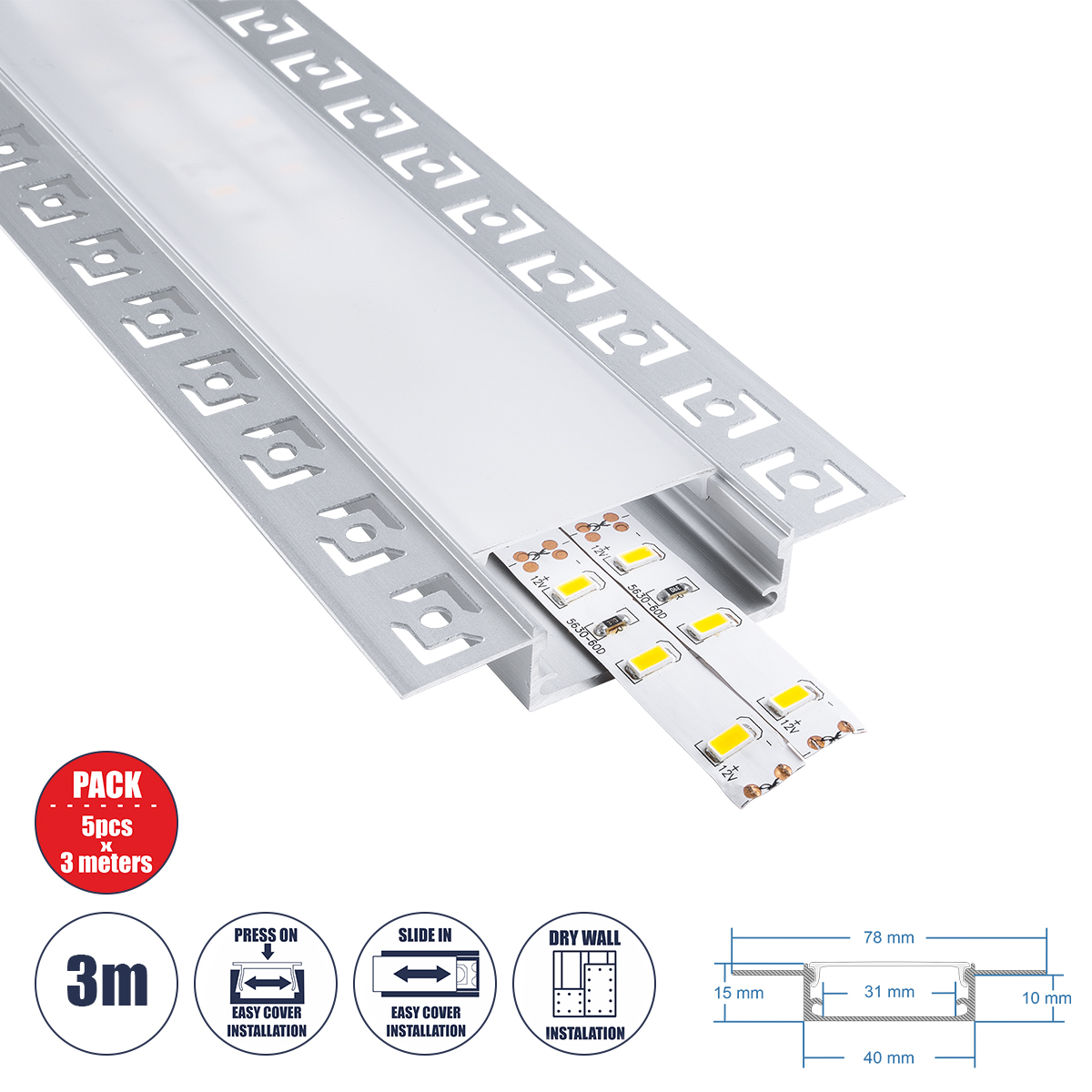 70861-3M GloboStar® GLOBOSTAR® ALP-PLASTERIN GYPSO 70861-3M Χωνευτό Προφίλ Αλουμινίου Ειδικό για Γυψοσανίδα με Λευκό Γαλακτερό Πατητό Κάλυμμα για Ταινίες LED IP20 - Ασημί & Λευκό - Μ300 x Π7.8 x Υ1.4cm - Πακέτο 5 Τεμαχίων