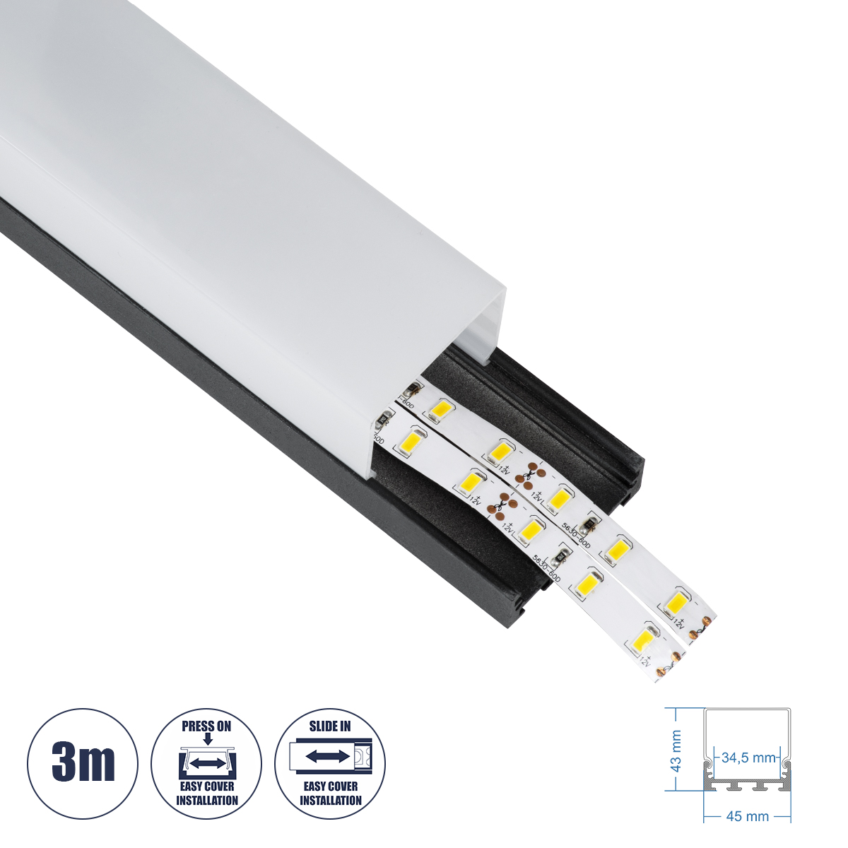 70866-3M GloboStar®  SURFACEPENDANT-PROFILE 70866-3M Προφίλ Αλουμινίου - Βάση & Ψύκτρα Ταινίας LED με Λευκό Γαλακτερό Κάλυμμα - Επιφανειακή & Κρεμαστή Χρήση - Πατητό Κάλυμμα - Μαύρο - 3 Μέτρα - Μ300 x Π4.5 x Υ4.2cm