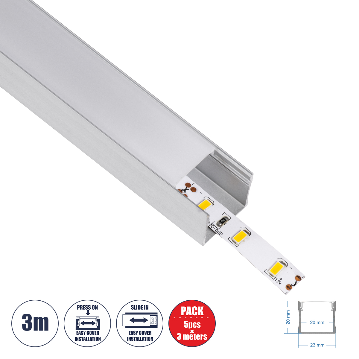 70867-3M GloboStar®  SURFACE-PROFILE 70867-3M Προφίλ Αλουμινίου – Βάση & Ψύκτρα Ταινίας LED με Λευκό Γαλακτερό Κάλυμμα – Επιφανειακή Χρήση – Πατητό Κάλυμμα – Ασημί – 3 Μέτρα – Πακέτο 5 Τεμαχίων – Μ300 x Π2.3 x Υ2cm