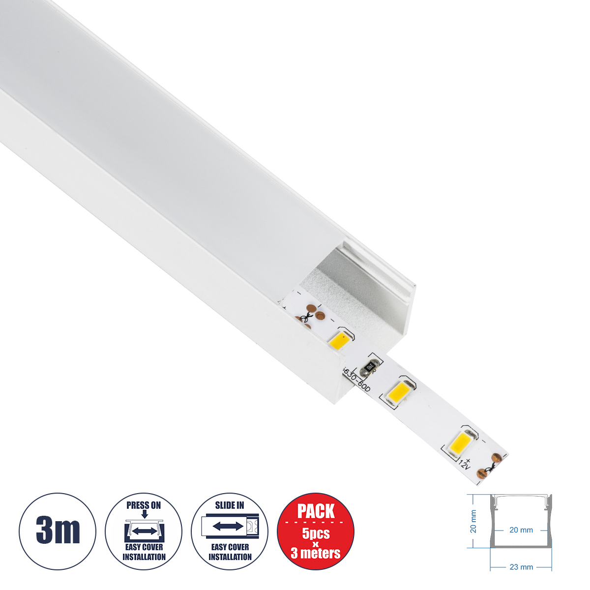 70868-3M GloboStar®  SURFACE-PROFILE 70868-3M Προφίλ Αλουμινίου – Βάση & Ψύκτρα Ταινίας LED με Λευκό Γαλακτερό Κάλυμμα – Επιφανειακή Χρήση – Πατητό Κάλυμμα – Λευκό – 3 Μέτρα – Πακέτο 5 Τεμαχίων – Μ300 x Π2.3 x Υ2cm