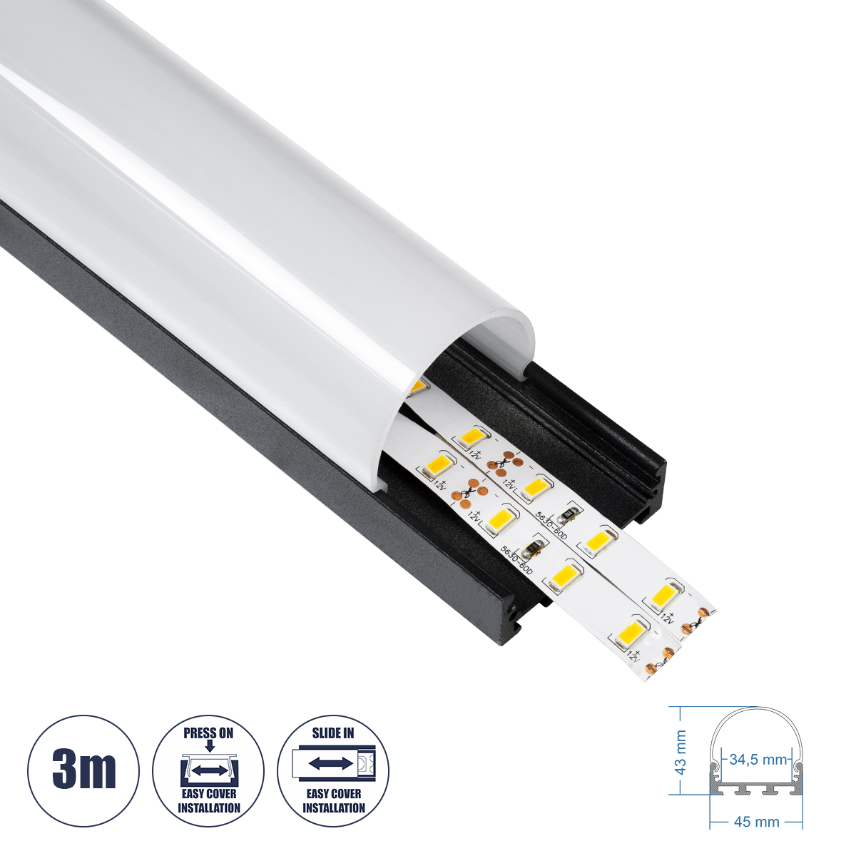 70872-3M GloboStar®  SURFACEPENDANT-PROFILE 70872-3M Προφίλ Αλουμινίου - Βάση & Ψύκτρα Ταινίας LED με Λευκό Γαλακτερό Κάλυμμα - Επιφανειακή & Κρεμαστή Χρήση - Πατητό Κάλυμμα - Μαύρο - 3 Μέτρα - Μ300 x Π4.5 x Υ4.2cm