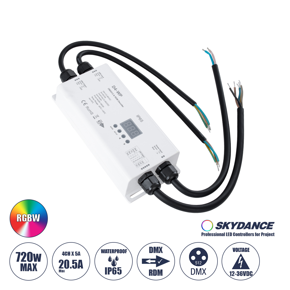 71571-IP65 GloboStar®  71571-IP65 D4-WP SKYDANCE DC DMX & RDM Dimmer High Speed Controller / Decoder 4 Καναλιών DC 12-36V 4 x 5A 180W - Max 20.5A 720W - Αδιάβροχος IP65 Μ17 x Π8 x Υ4cm - 5 Years Warranty