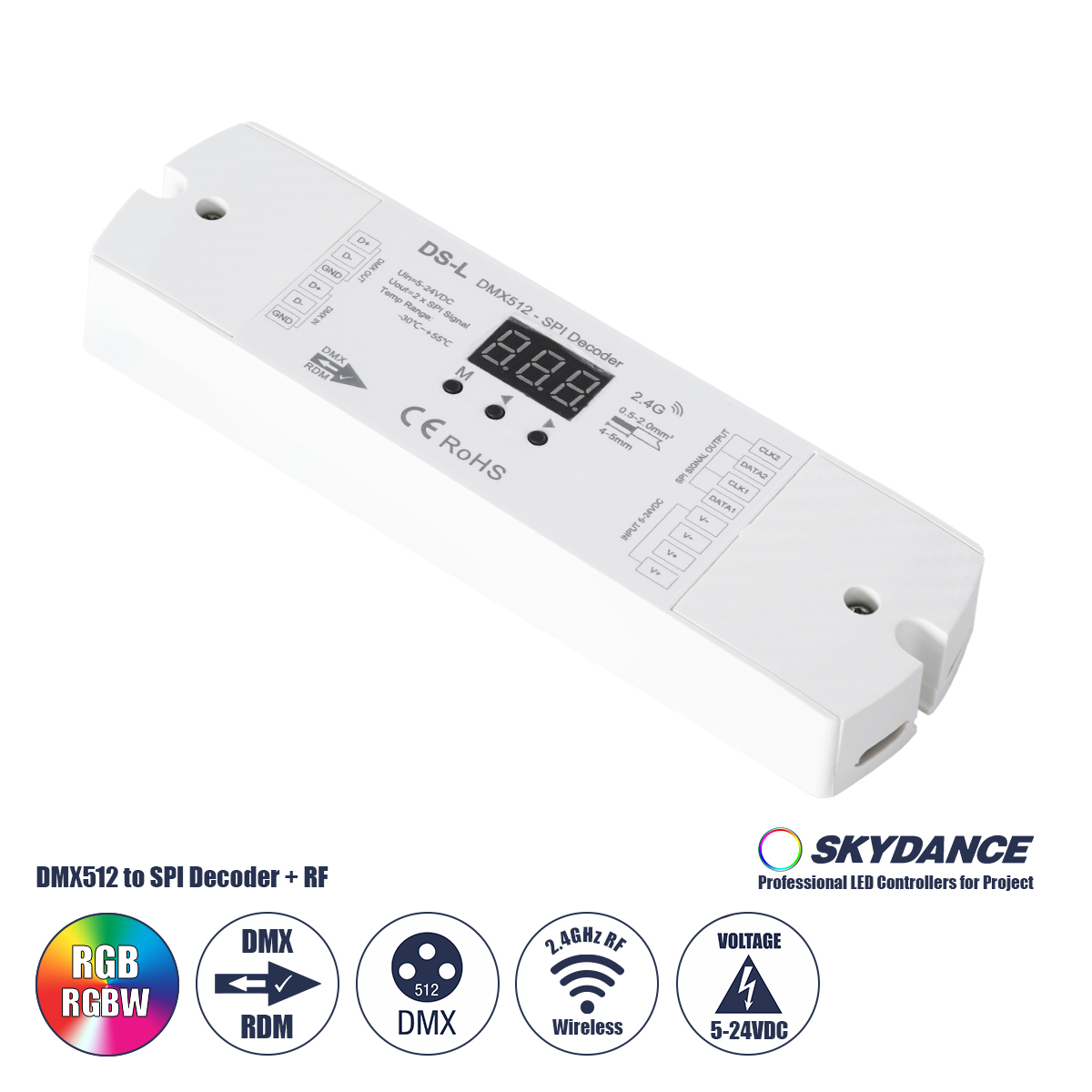 73142 GloboStar®  73142 DS-L SKYDANCE DC RF 2.4Ghz DMX512 to SPI Decoder DC 5-24V - IP20  Μ17 x Π5 x Υ2.5cm - 5 Χρόνια Εγγύηση