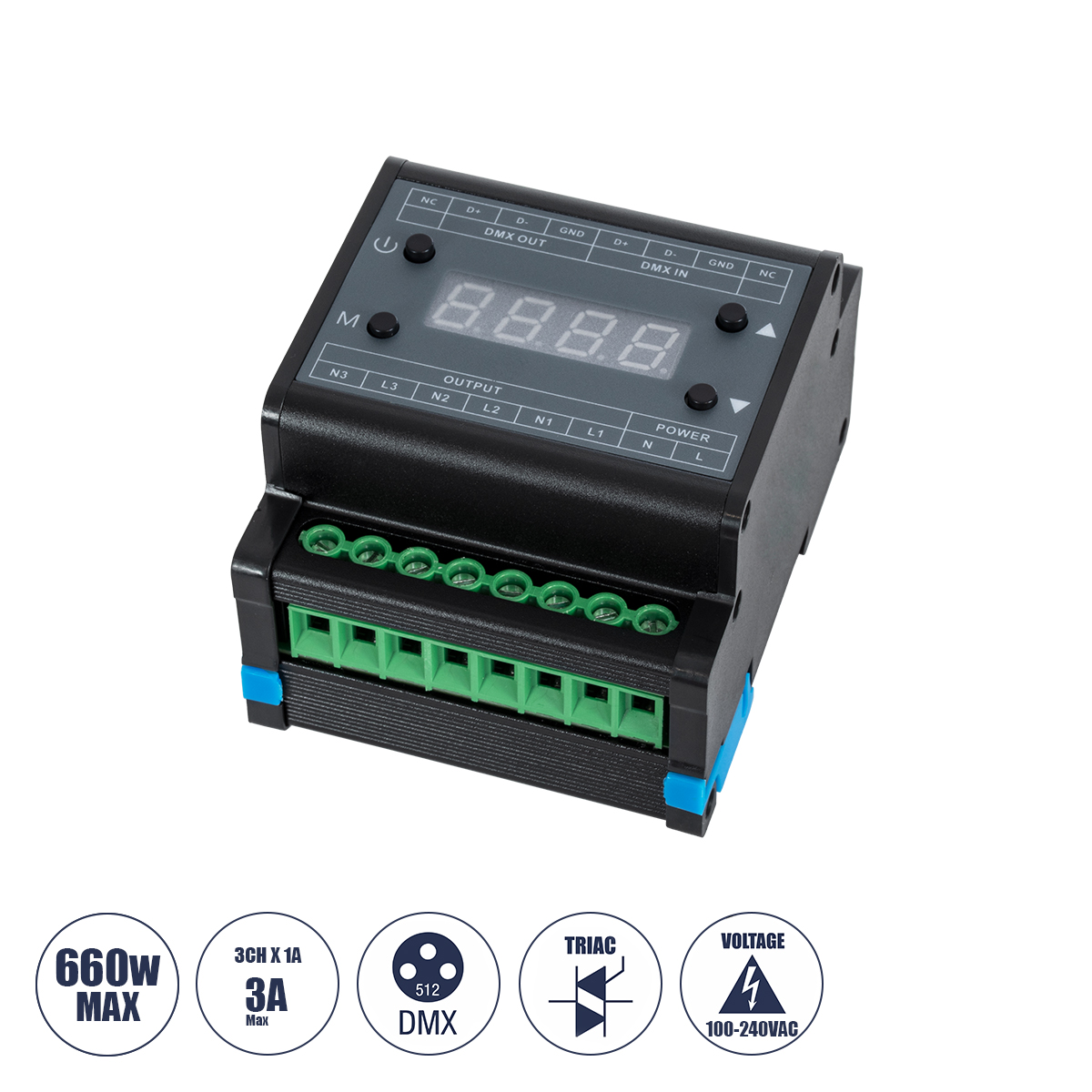 73372 GloboStar®  73372 AC Triac DMX Dimmer Din Rail Ράγας 3 Καναλιών AC 100-240V 3 x 1A 220W – Max 3A 660W – IP20 Μ8 x Π9 x Υ6cm – 5 Years Warranty